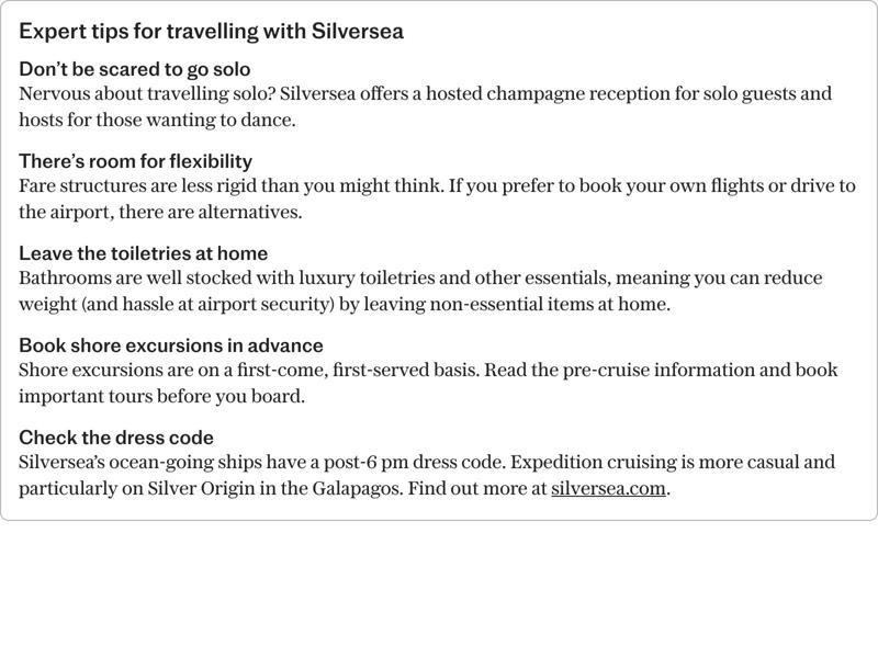 1. Where does Silversea cruise?, 2. Who does Silversea appeal to?, 3. Silversea’s fleet, Silver Ray (728 passengers), Silver Nova (728 passengers), Silver Dawn (596 passengers), Silver Muse and Silver Moon (596 passengers), Silver Shadow and Silver Whisper (392 passengers), Silver Spirit (608 passengers), Expedition, Silver Endeavour (220 passengers), Silver Wind (274 passengers), Silver Cloud (254 passengers on non-polar cruises; 200 in polar regions), Silver Origin (100 passengers), 4. Loyalty scheme, 5. Access for guests with disabilities