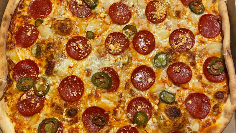 1. Pineapple, 2. Anchovies, 3. Olives, 4. Broccoli, 5. Spinach, 6. Eggplant, 7. Artichokes, 8. Hot Peppers, 10. Corn, 1. Pepperoni, 2. Mushrooms, 3. Onions, 4. Sausage, 5. Bacon, 6. Extra Cheese, 7. Chicken, 8. Green Peppers, 10. Sun-dried Tomatoes