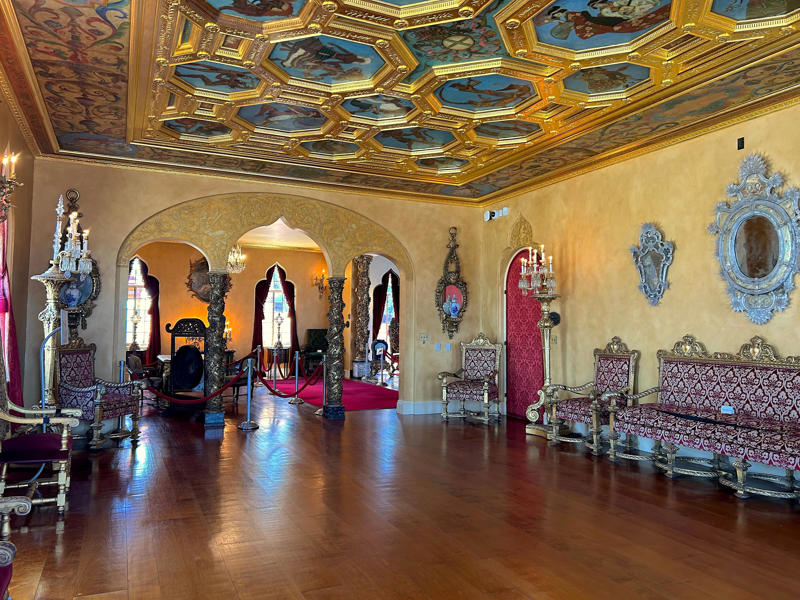 The ballroom and its ornate ceiling are standout features of the property. Colored glass windows bring Sarasota's Gulf Coast into the mansion., The ballroom and its ornate ceiling are standout features of the property., The ballroom ceiling is comprised of 22 custom canvases., The formal dining room features design inspirations from all over the Mediterranean., Often, guests arrived by sea., Visitors to Ca' d'Zan can also enjoy the Ringlings' circus museum., The Ringlings' legacy continues to dazzle visitors.