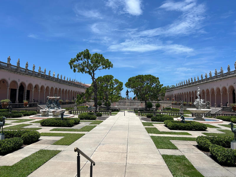 The Ringling estate in Sarasota is also home to the John and Mable Ringling Museum of Art. Colored glass windows bring Sarasota's Gulf Coast into the mansion., The ballroom and its ornate ceiling are standout features of the property., The ballroom ceiling is comprised of 22 custom canvases., The formal dining room features design inspirations from all over the Mediterranean., Often, guests arrived by sea., Visitors to Ca' d'Zan can also enjoy the Ringlings' circus museum., The Ringlings' legacy continues to dazzle visitors.