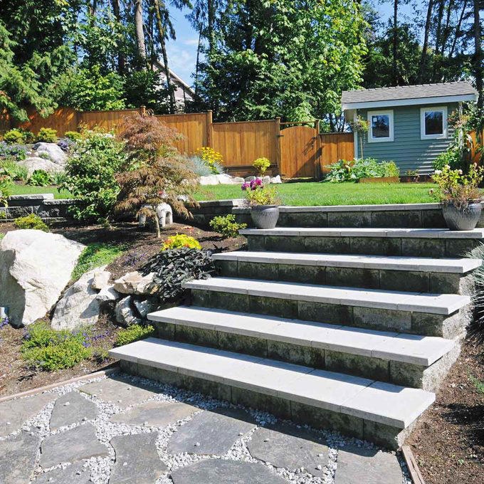 Terraced Hillside Landscaping, Steps with Retaining Wall, Create a Rock Garden, Hillside Water Feature, Front Yard Retaining Wall, Patio Overlook, Hillside Landscaping with Mulch, Tiered Raised Beds, Front Deck for a Sloped Yard, Prairie Garden Hillside Landscaping