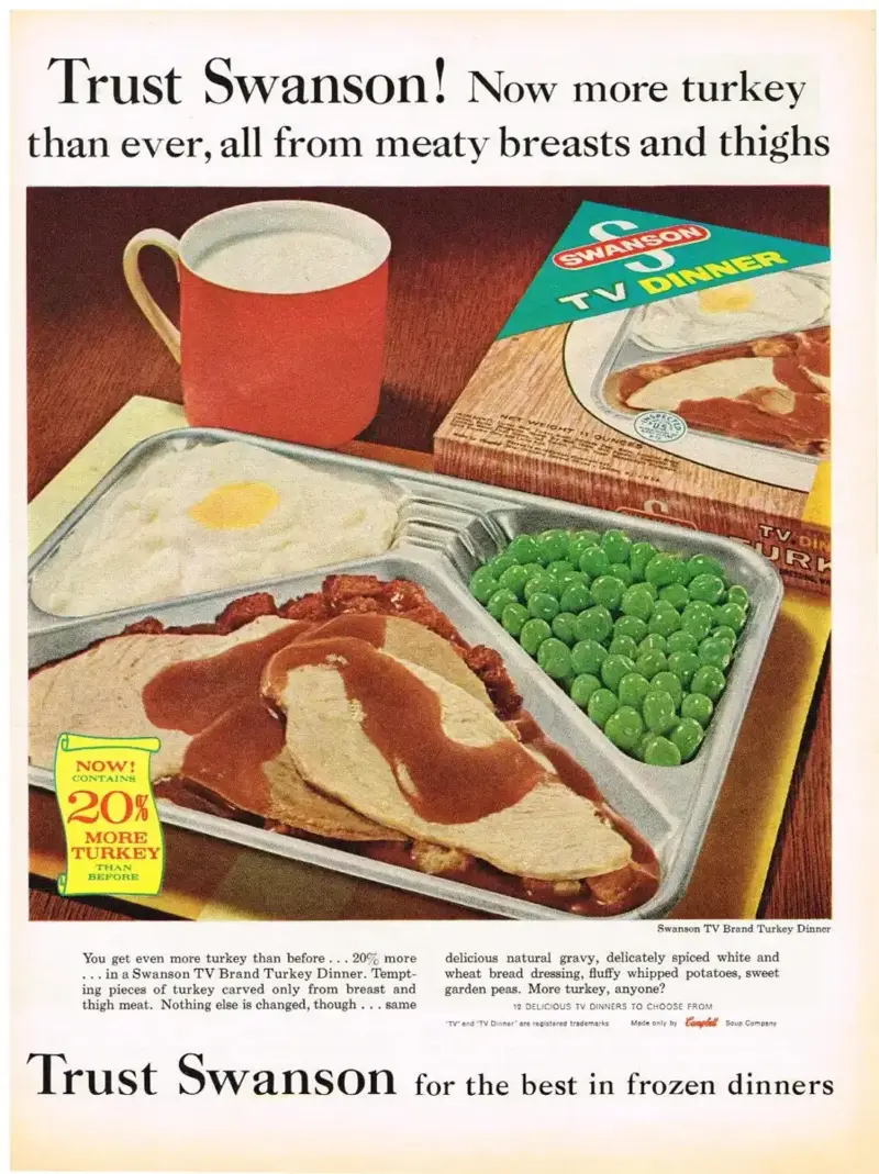 1. Jell-O Salad, 2. Tuna Noodle Casserole, 3. Libbyland Dinners, 5. Carnation Breakfast Bars, 6. Beefaroni, 7. Aspic, 8. Space Food Sticks, 9. Mayonnaise Cake, 10. Chicken à la King, 11. Dippy Eggs in Toast, 12. Viennetta Ice Cream Cake, 13. Ham in a Can, 14. Tuna Wiggle, 15. TV Dinner Turkey and Gravy, 16. Pudding Cups in Metal Cans, 17. Gelatin-Filled Deviled Eggs, 18. Clam Dip, 19. Beef Tongue Sandwiches