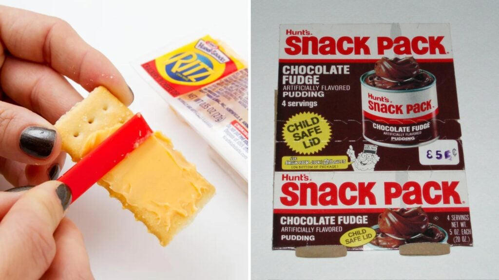29 Tradeable Lunchbox Snacks from the ’70s and ’80s #1: Twinkies, #3: Hostess CupCakes, #4: Fruit Roll-Ups, #6: Little Debbie Swiss Rolls, #7: Pudding Cups (Hunt’s or Snack Pack), #9: Peanut Butter and Jelly Sandwich (cut in triangles, what else?), #10: Handi-Snacks (the ones with the red plastic cheese spreader), #12: Marshmallow Pies (Moon Pies), #13: Apple Newtons / Fig Newtons, #15: Planters Cheez Balls (in mini canisters), #16: Zingers, #18: Gushers (late ’80s), #19: Pop-Tarts (in foil wrapper), #21: Capri Sun Pouches, #22: Chewy Granola Bars (Quaker), #24: Chex Mix or Homemade Trail Mix, #25: Butter Cookies (in wax paper), #27: Toaster Pastries (different off-brand Pop-Tarts), #28: Cookies from the School Cafeteria