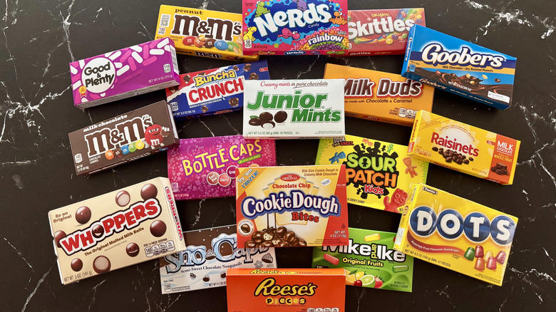 18. Good &amp; Plenty, 17. Junior Mints, 16. Mike And Ike, 15. Milk Duds, 14. Dots, 13. Bottlecaps, 12. Whoppers, 11. Nerds, 10. Sno-Caps, 9. Chocolate Chip Cookie Dough Bites, 8. M&amp;M's, 7. Peanut M&amp;M's, 6. Skittles, 5. Goobers, 4. Reese's Pieces, 3. Raisinets, 2. Sour Patch Kids, 1. Buncha Crunch