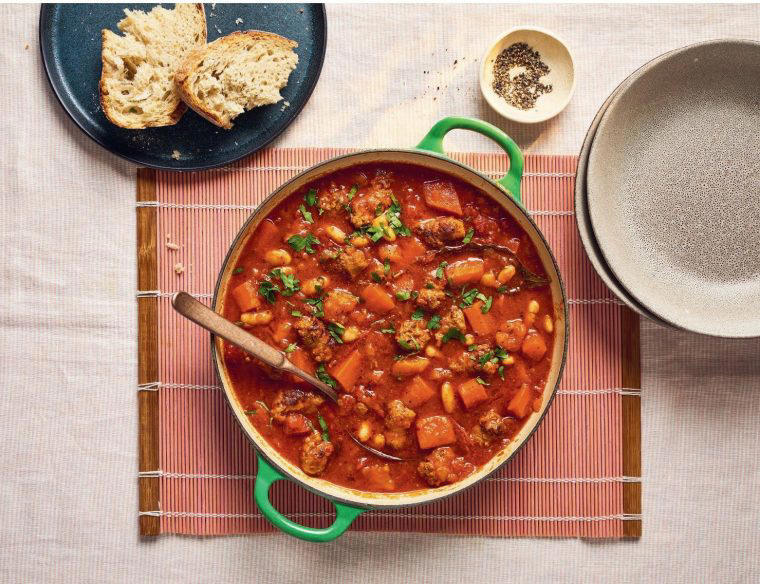 Quick turkey meatballs on a sub roll with tomato sauce  , ‘Cowboy supper’ sausage and bean casserole, Sweet potato and goat’s cheese hand pies , Quick tomato sauce