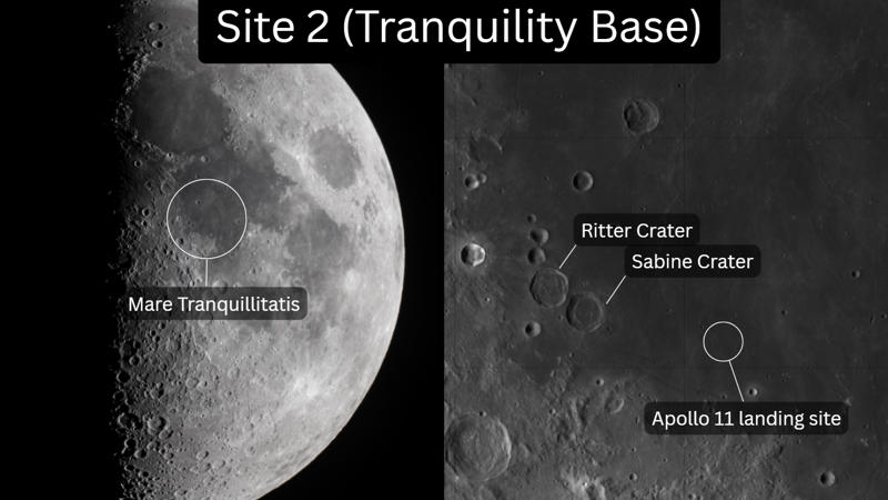 Candidate Site 1 —Mare Tranquillitatis (34° East, 2°40" North), Candidate Site 2 —Tranquility Base (23°37" East, 0°45" North), Candidate Site 3 —Sinus Medii (1°20" West, 0°25" North), Candidate Sites 4 &amp; 5 —Oceanus Procellarum (36°25" West, 3°30" South, 41°40" West, 1°40" North)
