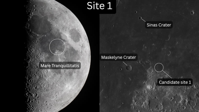 Candidate Site 1 —Mare Tranquillitatis (34° East, 2°40" North), Candidate Site 2 —Tranquility Base (23°37" East, 0°45" North), Candidate Site 3 —Sinus Medii (1°20" West, 0°25" North), Candidate Sites 4 &amp; 5 —Oceanus Procellarum (36°25" West, 3°30" South, 41°40" West, 1°40" North)