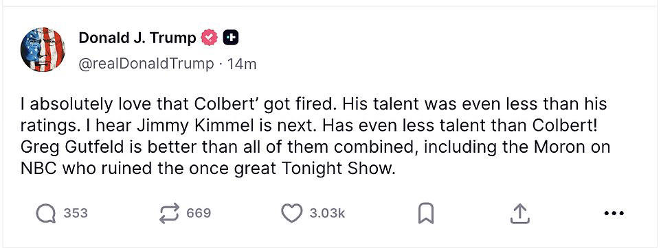Calls for investigation into bribery after Stephen Colbert cancellation