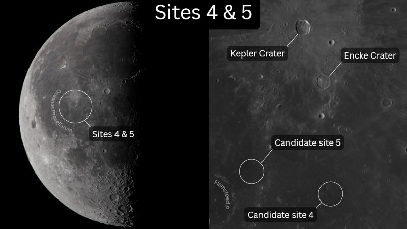 Candidate Site 1 —Mare Tranquillitatis (34° East, 2°40" North), Candidate Site 2 —Tranquility Base (23°37" East, 0°45" North), Candidate Site 3 —Sinus Medii (1°20" West, 0°25" North), Candidate Sites 4 &amp; 5 —Oceanus Procellarum (36°25" West, 3°30" South, 41°40" West, 1°40" North)