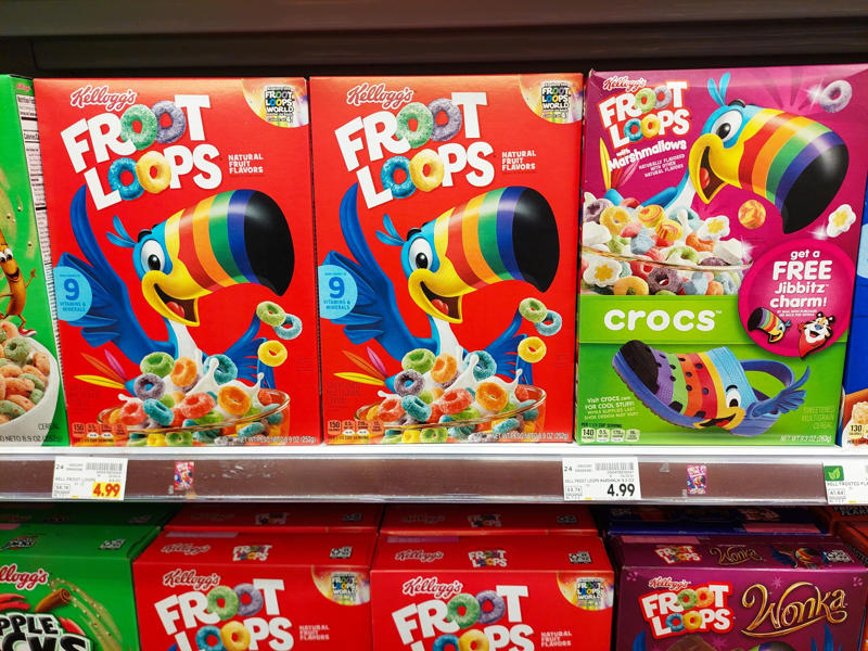 Froot Loops Oscar Mayer, The Berenstain Bears, Pikachu’s tail, Curious George’s tail, Snoopy’s tail, Mickey Mouse’s wardrobe, Britney Spears’ headset, Looney Tunes, Froot Loops, Cap’n Crunch, Tony the Tiger’s nose, Fruit of the Loom, Mona Lisa’s smile
