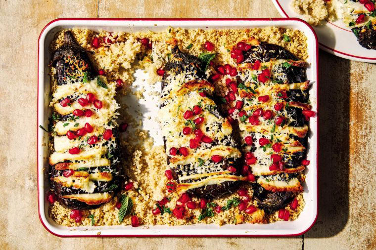 Minimum fuss recipes, Hasselback halloumi-stuffed aubergines, Bolognese-loaded flatbreads, Italian lemon chicken