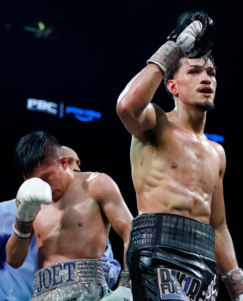 Brandon Figueroa reacts at the end of his fight against Joet Gonzalez.