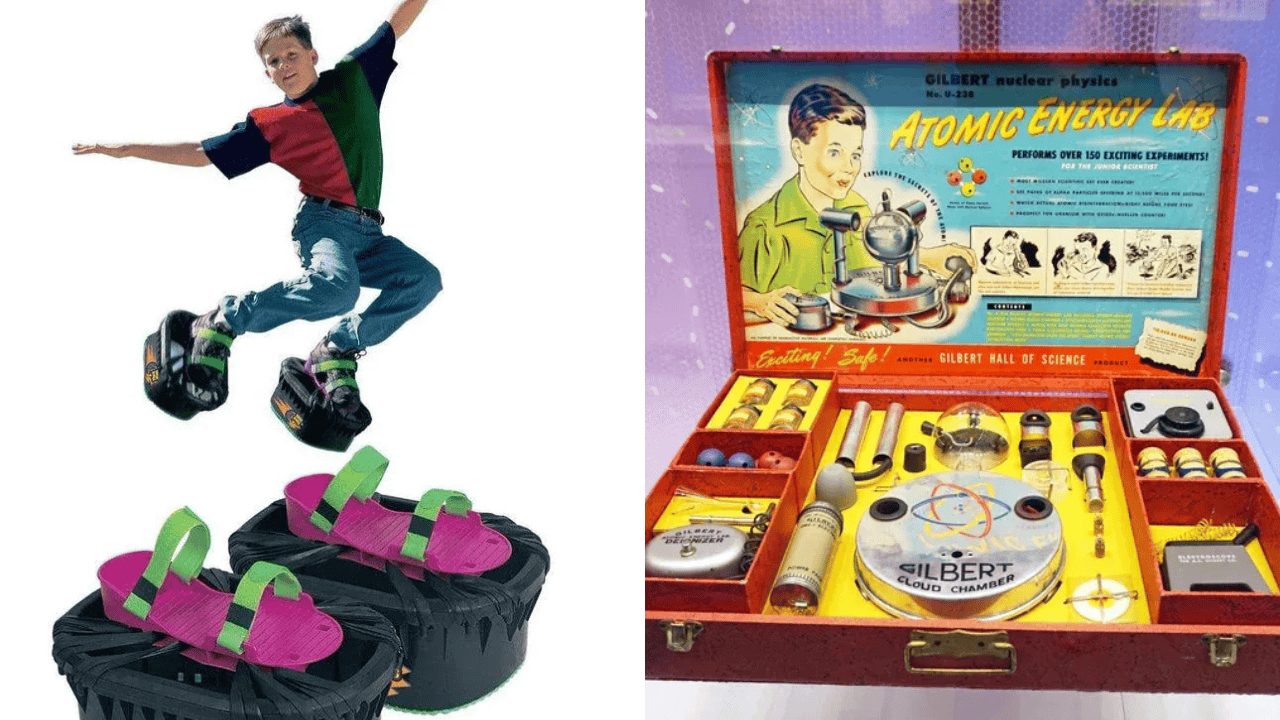 20 Toys We All Played With That Were Actually Pretty Dangerous 20. Lawn Darts, 19. Snacktime Cabbage Patch Doll, 18. Aqua Dots, 17. Battlestar Galactica Colonial Viper, 16. Sky Dancers, 15. Creepy Crawlers Thingmaker, 14. Austin Magic Pistol, 13. Slip ‘N Slide, 12. Easy-Bake Oven, 11. Johnny Reb Cannon, 10. CSI Fingerprint Examination Kit, 9. Mini-Bikes, 8. Moon Shoes, 7. Gilbert U-238 Atomic Energy Lab, 6. Dragon Flyz, 5. Ride-on Power Wheels, 4. Slap Bracelets, 3. Powdered Wig Makeup Kits