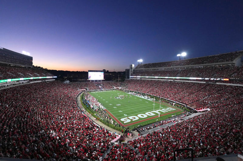 1. Tiger Stadium, LSU, 2. Beaver Stadium, Penn State, 3. Ohio Stadium, Ohio State, 4. Autzen Stadium, Oregon, 5. Memorial Stadium, Clemson, 6. Neyland Stadium, Tennessee, 7. Sanford Stadium, Georgia, 8. Bryant-Denny Stadium, Alabama, 9. Ben Hill Griffin Stadium, Florida, 10. Kyle Field, Texas A&M, 11. Gaylord Family – Oklahoma Memorial Stadium, Oklahoma, 12. Michigan Stadium, Michigan, 13. Jordan-Hare Stadium, Auburn, 14. Notre Dame Stadium, Notre Dame, 15. Husky Stadium, Washington, 16. Darrell K Royal-Texas Memorial Stadium, Texas, 17. Williams-Brice Stadium, South Carolina, 18. Rice-Eccles Stadium, Utah, 19. Camp Randall Stadium, Wisconsin, 20. Doak S. Campbell Stadium, Florida State, 21. Lane Stadium, Virginia Tech, 22. LaVell Edwards Stadium, Brigham Young, 23. Albertsons Stadium, Boise State, 24. Kinnick Stadium, Iowa, 25. Boone Pickens Stadium, Oklahoma State