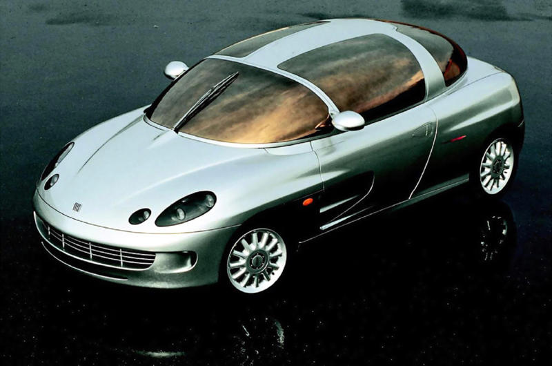 22. 1994 ItalDesign Fiat Firepoint 1. 1954 Fiat Turbina, 2. 1957 Fiat 1200 Stanguellini Spider America, 3. 1962 Fiat 2300 S Cabriolet Ghia, 4. 1962 Fiat 2300 S Club, 5. 1964 Fiat 2300 S Coupé Speciale Lausanne, 6. 1964 Fiat 2300 S Coupé Speciale V, 7. 1965 Fiat 2300 S Coupé Speciale, 8. 1968 Fiat City Taxi, 9. 1969 Fiat 500 Zanzara Zagato, 10. 1969 Fiat Abarth 2000 Scorpione, 11. 1972 Fiat ESV 1500, 12. 1973 Fiat ESV 2000, 13. 1974 Fiat X1/23, 14. 1975 Fiat Visitors Bus, 15. 1976 Fiat 126 Cavaletta, 16. 1978 Fiat Ecos, 17. 1981 Fiat VSS, 18. 1993 Fiat Downton, 19. 1994 Fiat Lampo, 20. 1994 Fiat Punto Racer, 21. 1994 Fiat Spunto, 22. 1994 ItalDesign Fiat Firepoint, 23. 1996 Fiat Formula Legram, 24. 1996 Fiat Vuscia, 25. 1996 Fiat Zicster, 26. 1999 Fiat Ecobasic
