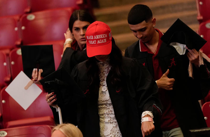 Graduate wearing MAGA hat at commencement Graduate wearing MAGA hat at commencement, Trump merchandise at Iowa State Fairgrounds, MAGA Nation event with Trump supporters, Justice Clarence Thomas at inauguration ceremony, Supreme Court justices at Sandra Day O’Connor ceremony, Supreme Court Justices at Trump’s inauguration, The Supreme Court Justices lineup