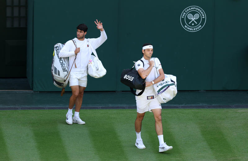 Wimbledon men’s semi-finals live, Alcaraz one set up, *Alcaraz 6-4, 1-2 Fritz, Alcaraz 6-4, 1-1 Fritz*, SET! ALCARAZ LEADS SEMI-FINAL, *Alcaraz 5-4 Fritz, Alcaraz 5-3 Fritz*, *Alcaraz 4-3 Fritz, Alcaraz 4-2 Fritz*, *Alcaraz 3-2 Fritz – eye issue for Spaniard, Alcaraz 3-1 Fritz*, *Alcaraz 2-1 Fritz, Alcaraz 2-0 Fritz*, *Alcaraz 1-0 Fritz, Alcaraz and Fritz emerge on court!, The key weapon Djokovic has which could beat Sinner, ‘Disneyland on steroids’: What it’s like to coach at Wimbledon, Wimbledon 2025 live: Today’s big story, How Jannik Sinner explained doping contamination to escape serious ban, Sabalenka, fainting fans, and a fall at a familiar hurdle, The key weapon Djokovic has which could beat Sinner, Wimbledon 2025 live: Men’s semi-finals day arrives
