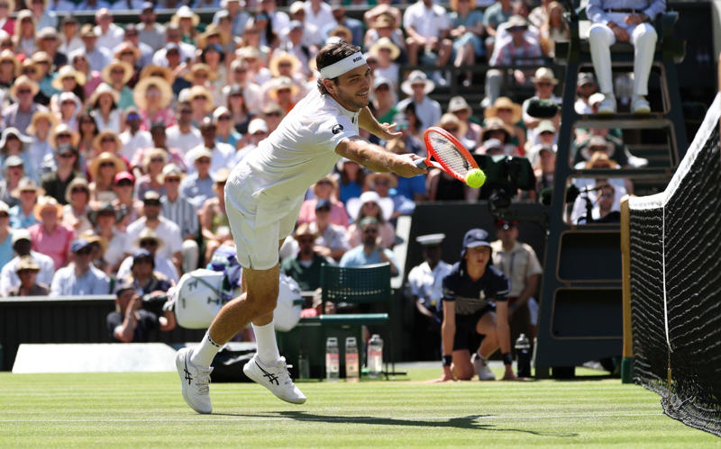 04:44 PM BST, Alcaraz reacts, 04:39 PM BST, Irresistible Alcaraz, 04:33 PM BST, Watch: How Alcaraz reached the men’s final, 04:28 PM BST, Alcaraz 6-4, 5-7, 6-3, 7-6 (8-6) Fritz - TIE-BREAK, 04:26 PM BST, Alcaraz 6-4, 5-7, 6-3, 6-6 (6-6) Fritz - TIE-BREAK, 04:22 PM BST, Alcaraz 6-4, 5-7, 6-3, 6-6 (4-2) Fritz - TIE-BREAK, 04:18 PM BST, Alcaraz 6-4, 5-7, 6-3, 6-6 Fritz*, 04:15 PM BST, Alcaraz* 6-4, 5-7, 6-3, 6-5 Fritz, 04:10 PM BST, Alcaraz 6-4, 5-7, 6-3, 5-5 Fritz*, 04:08 PM BST, Alcaraz* 6-4, 5-7, 6-3, 5-4 Fritz, 04:05 PM BST, Alcaraz 6-4, 5-7, 6-3, 4-4 Fritz*, 04:02 PM BST, Alcaraz* 6-4, 5-7, 6-3, 4-3 Fritz, 03:59 PM BST, Alcaraz 6-4, 5-7, 6-3, 3-3 Fritz*, 03:56 PM BST, Alcaraz* 6-4, 5-7, 6-3, 3-2 Fritz, 03:53 PM BST, Alcaraz 6-4, 5-7, 6-3, 2-2 Fritz*, 03:48 PM BST, Alcaraz* 6-4, 5-7, 6-3, 2-1 Fritz, 03:46 PM BST, Alcaraz 6-4, 5-7, 6-3, 1-1 Fritz*, 03:42 PM BST, Fourth set: Alcaraz* 6-4, 5-7, 6-3, 1-0 Fritz, 03:37 PM BST, Alcaraz 6-4, 5-7, 6-3 Fritz*, 03:33 PM BST, Alcaraz* 6-4, 5-7, 5-3 Fritz, 03:28 PM BST, Alcaraz 6-4, 5-7, 4-3 Fritz*, 03:26 PM BST, Alcaraz* 6-4, 5-7, 4-2 Fritz, 03:24 PM BST, Alcaraz 6-4, 5-7, 3-2 Fritz*, 03:21 PM BST, Alcaraz* 6-4, 5-7, 3-1 Fritz, 03:18 PM BST, Alcaraz 6-4, 5-7, 2-1 Fritz*, 03:15 PM BST, Alcaraz* 6-4, 5-7, 1-1 Fritz, 03:14 PM BST, ‘A few more empty seats on Centre Court’, 03:13 PM BST, Third set: Alcaraz 6-4, 5-7, 0-1 Fritz*, 03:05 PM BST, ‘Those on Centre Court could now be in for a thriller’, 03:03 PM BST, Alcaraz* 6-4, 5-7 Fritz, 03:00 PM BST, Alcaraz 6-4, 5-6 Fritz*, 02:56 PM BST, Alcaraz* 6-4, 5-5 Fritz, 02:52 PM BST, Alcaraz 6-4, 4-5 Fritz*, 02:48 PM BST, Alcaraz* 6-4, 4-4 Fritz, 02:38 PM BST, Alcaraz 6-4, 3-4 Fritz*, 02:36 PM BST, Alcaraz* 6-4, 3-3 Fritz, 02:34 PM BST, Alcaraz 6-4, 2-3 Fritz*, 02:32 PM BST, ‘Fritz will have to hope he gets another chance’, 02:31 PM BST, Alcaraz* 6-4, 2-2 Fritz, 02:27 PM BST, Alcaraz 6-4, 1-2 Fritz*, 02:22 PM BST, Alcaraz* 6-4, 1-1 Fritz, 02:20 PM BST, ‘Fritz did not do too much wrong’, 02:19 PM BST, Second set: Alcaraz 6-4, 0-1 Fritz*, 02:16 PM BST, Alcaraz* 6-4 Fritz, 02:11 PM BST, Alcaraz 5-4 Fritz*, 02:08 PM BST, Alcaraz* 5-3 Fritz, 02:03 PM BST, Alcaraz 4-3 Fritz*, 02:00 PM BST, Alcaraz* 4-2 Fritz, 01:56 PM BST, Alcaraz 3-2 Fritz*, 01:51 PM BST, Alcaraz* 3-1 Fritz, 01:48 PM BST, 01:47 PM BST, Alcaraz 2-1 Fritz*, 01:45 PM BST, Alcaraz* 2-0 Fritz, 01:43 PM BST, First set: Carlos Alcaraz 1-0 Taylor Fritz* (*denotes server), 01:38 PM BST, Here we go!, 01:27 PM BST, The tennis girlfriend and fashion queen who has taken over Wimbledon, 01:21 PM BST, Big names in the Royal Box, 01:13 PM BST, Data that shows Carlos Alcaraz is in league of his own, 01:02 PM BST, Sign up to our Telegraph Sport newsletter, 12:52 PM BST, Men’s semi-final day