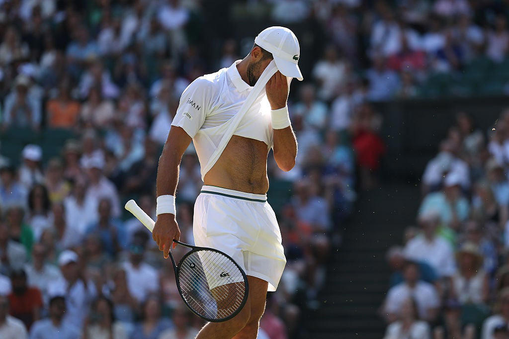 Wimbledon men’s semi-finals live, *Djokovic 3-6 2-5 Sinner, Djokovic 3-6 2-4 Sinner*, *Djokovic 3-6 1-4 Sinner, Djokovic 3-6 1-3 Sinner*, *Djokovic 3-6 0-3 Sinner, Djokovic 3-6 0-2 Sinner*, *Djokovic 3-6 0-1 Sinner, FIRST SET! Djokovic 3-6 Sinner*, Djokovic saves set points! *Djokovic 3-5 Sinner, *Djokovic 3-5 Sinner, Djokovic 3-4 Sinner*, *Djokovic 2-4 Sinner, Djokovic 2-3 Sinner*, *Djokovic 1-3 Sinner, Break of serve! Djokovic 1-2 Sinner*, *Djokovic 1-1 Sinner, Here we go..., Djokovic and Sinner on court! Read our match preview, Alcaraz on his hat-trick bid and Djokovic vs Sinner, GAME, SET AND MATCH! ALCARAZ WINS, Alcaraz saves two set points in tiebreak!, Fritz turns tiebreak around..., Alcaraz leads tiebreak at change of ends, *Alcaraz 6-4, 5-7, 6-3, 6-6 Fritz, *Alcaraz 6-4, 5-7, 6-3, 3-3 Fritz, SET! ALCARAZ IN FRONT ONCE MORE, Alcaraz breaks to love, SET! FRITZ TIES SEMI-FINAL OUT OF NOWHERE, Alcaraz 6-4, 4-4 Fritz*, SET! ALCARAZ LEADS SEMI-FINAL, *Alcaraz 3-2 Fritz – eye issue for Spaniard, The key weapon Djokovic has which could beat Sinner, Wimbledon 2025 live: Today’s big story, How Jannik Sinner explained doping contamination to escape serious ban, Sabalenka, fainting fans, and a fall at a familiar hurdle