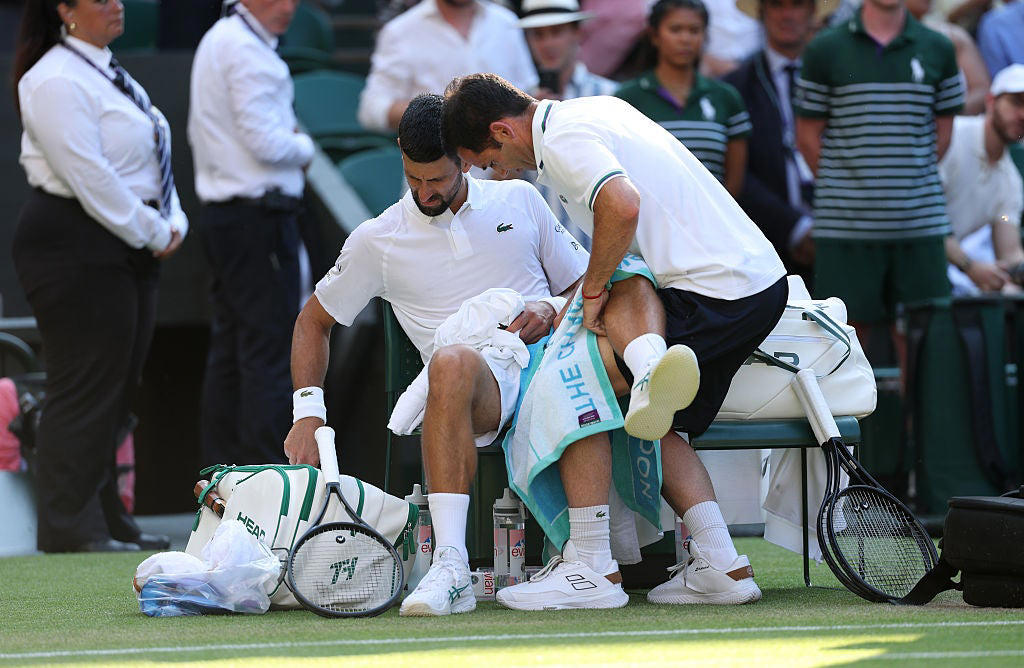 Wimbledon men’s semi-finals live, Sinner on French Open final rematch with Alcaraz, Sinner on Djokovic’s injury woes, Sinner on his first Wimbledon final this Sunday, GAME, SET AND MATCH! SINNER WINS, *Djokovic 3-6 3-6 4-5 Sinner*, *Djokovic 3-6 3-6 3-5 Sinner, Sinner breaks again! Djokovic 3-6 3-6 3-4 Sinner*, *Djokovic 3-6 3-6 3-3 Sinner, Sinner breaks back! Djokovic 3-6 3-6 3-2 Sinner*, *Djokovic 3-6 3-6 3-1 Sinner, Djokovic 3-6 3-6 3-0 Sinner*, Djokovic breaks! Djokovic 3-6 3-6 2-0 Sinner, Djokovic 3-6 3-6 1-0 Sinner*, Djokovic 3-6 3-6 Sinner, Djokovic takes medical timeout! Djokovic 3-6 3-6 Sinner, Djokovic calls trainer! Djokovic 3-6 3-6 Sinner, SECOND SET! Djokovic 3-6 3-6 Sinner, Djokovic 3-6 3-5 Sinner*, *Djokovic 3-6 2-5 Sinner, *Djokovic 3-6 2-5 Sinner, *Djokovic 3-6 2-5 Sinner, Djokovic 3-6 2-4 Sinner*, *Djokovic 3-6 1-4 Sinner, Djokovic 3-6 1-3 Sinner*, *Djokovic 3-6 0-3 Sinner, Djokovic 3-6 0-2 Sinner*, *Djokovic 3-6 0-1 Sinner, FIRST SET! Djokovic 3-6 Sinner*, Djokovic saves set points! *Djokovic 3-5 Sinner, *Djokovic 3-5 Sinner, Djokovic 3-4 Sinner*, *Djokovic 2-4 Sinner, Djokovic 2-3 Sinner*, *Djokovic 1-3 Sinner, Break of serve! Djokovic 1-2 Sinner*, *Djokovic 1-1 Sinner, Here we go..., Djokovic and Sinner on court! Read our match preview, Alcaraz on his hat-trick bid and Djokovic vs Sinner, GAME, SET AND MATCH! ALCARAZ WINS, Alcaraz saves two set points in tiebreak!, Fritz turns tiebreak around..., Alcaraz leads tiebreak at change of ends, *Alcaraz 6-4, 5-7, 6-3, 6-6 Fritz, *Alcaraz 6-4, 5-7, 6-3, 3-3 Fritz, SET! ALCARAZ IN FRONT ONCE MORE, Alcaraz breaks to love, SET! FRITZ TIES SEMI-FINAL OUT OF NOWHERE, Alcaraz 6-4, 4-4 Fritz*, SET! ALCARAZ LEADS SEMI-FINAL, *Alcaraz 3-2 Fritz – eye issue for Spaniard, The key weapon Djokovic has which could beat Sinner, Wimbledon 2025 live: Today’s big story, How Jannik Sinner explained doping contamination to escape serious ban, Sabalenka, fainting fans, and a fall at a familiar hurdle
