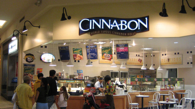 3. Cinnabon 1. Orange Julius, 2. Dippin' Dots, 3. Cinnabon, 4. Mrs. Fields Cookies, 5. Wetzel's Pretzels, 6. Sbarro Pizza, 7. Panda Express Orange Chicken, 8. Jamba Juice, 9. Baja Blast, 10. Sarku Japan Teriyaki Plates, 11. Auntie Anne's Pretzels, 12. Hot Dog On A Stick, 13. Johnny Rockets Original Burger, 14. FroYo, 15. Charleys Philly Steaks, 16. Sweet Factory Bulk Candy, 17. Baskin-Robbins Ice Cream, 18. Bubble Tea, 19. Asian Stir-Fries, 20. Subway Sandwiches