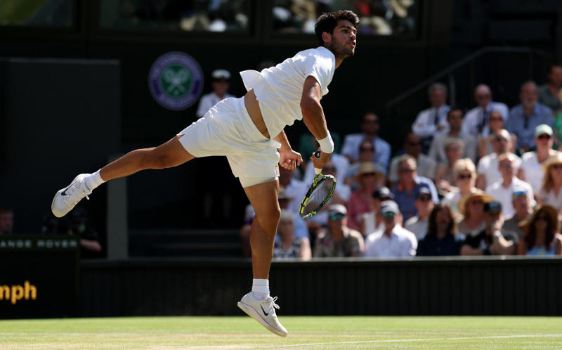 04:44 PM BST, Alcaraz reacts, 04:39 PM BST, Irresistible Alcaraz, 04:33 PM BST, Watch: How Alcaraz reached the men’s final, 04:28 PM BST, Alcaraz 6-4, 5-7, 6-3, 7-6 (8-6) Fritz - TIE-BREAK, 04:26 PM BST, Alcaraz 6-4, 5-7, 6-3, 6-6 (6-6) Fritz - TIE-BREAK, 04:22 PM BST, Alcaraz 6-4, 5-7, 6-3, 6-6 (4-2) Fritz - TIE-BREAK, 04:18 PM BST, Alcaraz 6-4, 5-7, 6-3, 6-6 Fritz*, 04:15 PM BST, Alcaraz* 6-4, 5-7, 6-3, 6-5 Fritz, 04:10 PM BST, Alcaraz 6-4, 5-7, 6-3, 5-5 Fritz*, 04:08 PM BST, Alcaraz* 6-4, 5-7, 6-3, 5-4 Fritz, 04:05 PM BST, Alcaraz 6-4, 5-7, 6-3, 4-4 Fritz*, 04:02 PM BST, Alcaraz* 6-4, 5-7, 6-3, 4-3 Fritz, 03:59 PM BST, Alcaraz 6-4, 5-7, 6-3, 3-3 Fritz*, 03:56 PM BST, Alcaraz* 6-4, 5-7, 6-3, 3-2 Fritz, 03:53 PM BST, Alcaraz 6-4, 5-7, 6-3, 2-2 Fritz*, 03:48 PM BST, Alcaraz* 6-4, 5-7, 6-3, 2-1 Fritz, 03:46 PM BST, Alcaraz 6-4, 5-7, 6-3, 1-1 Fritz*, 03:42 PM BST, Fourth set: Alcaraz* 6-4, 5-7, 6-3, 1-0 Fritz, 03:37 PM BST, Alcaraz 6-4, 5-7, 6-3 Fritz*, 03:33 PM BST, Alcaraz* 6-4, 5-7, 5-3 Fritz, 03:28 PM BST, Alcaraz 6-4, 5-7, 4-3 Fritz*, 03:26 PM BST, Alcaraz* 6-4, 5-7, 4-2 Fritz, 03:24 PM BST, Alcaraz 6-4, 5-7, 3-2 Fritz*, 03:21 PM BST, Alcaraz* 6-4, 5-7, 3-1 Fritz, 03:18 PM BST, Alcaraz 6-4, 5-7, 2-1 Fritz*, 03:15 PM BST, Alcaraz* 6-4, 5-7, 1-1 Fritz, 03:14 PM BST, ‘A few more empty seats on Centre Court’, 03:13 PM BST, Third set: Alcaraz 6-4, 5-7, 0-1 Fritz*, 03:05 PM BST, ‘Those on Centre Court could now be in for a thriller’, 03:03 PM BST, Alcaraz* 6-4, 5-7 Fritz, 03:00 PM BST, Alcaraz 6-4, 5-6 Fritz*, 02:56 PM BST, Alcaraz* 6-4, 5-5 Fritz, 02:52 PM BST, Alcaraz 6-4, 4-5 Fritz*, 02:48 PM BST, Alcaraz* 6-4, 4-4 Fritz, 02:38 PM BST, Alcaraz 6-4, 3-4 Fritz*, 02:36 PM BST, Alcaraz* 6-4, 3-3 Fritz, 02:34 PM BST, Alcaraz 6-4, 2-3 Fritz*, 02:32 PM BST, ‘Fritz will have to hope he gets another chance’, 02:31 PM BST, Alcaraz* 6-4, 2-2 Fritz, 02:27 PM BST, Alcaraz 6-4, 1-2 Fritz*, 02:22 PM BST, Alcaraz* 6-4, 1-1 Fritz, 02:20 PM BST, ‘Fritz did not do too much wrong’, 02:19 PM BST, Second set: Alcaraz 6-4, 0-1 Fritz*, 02:16 PM BST, Alcaraz* 6-4 Fritz, 02:11 PM BST, Alcaraz 5-4 Fritz*, 02:08 PM BST, Alcaraz* 5-3 Fritz, 02:03 PM BST, Alcaraz 4-3 Fritz*, 02:00 PM BST, Alcaraz* 4-2 Fritz, 01:56 PM BST, Alcaraz 3-2 Fritz*, 01:51 PM BST, Alcaraz* 3-1 Fritz, 01:48 PM BST, 01:47 PM BST, Alcaraz 2-1 Fritz*, 01:45 PM BST, Alcaraz* 2-0 Fritz, 01:43 PM BST, First set: Carlos Alcaraz 1-0 Taylor Fritz* (*denotes server), 01:38 PM BST, Here we go!, 01:27 PM BST, The tennis girlfriend and fashion queen who has taken over Wimbledon, 01:21 PM BST, Big names in the Royal Box, 01:13 PM BST, Data that shows Carlos Alcaraz is in league of his own, 01:02 PM BST, Sign up to our Telegraph Sport newsletter, 12:52 PM BST, Men’s semi-final day