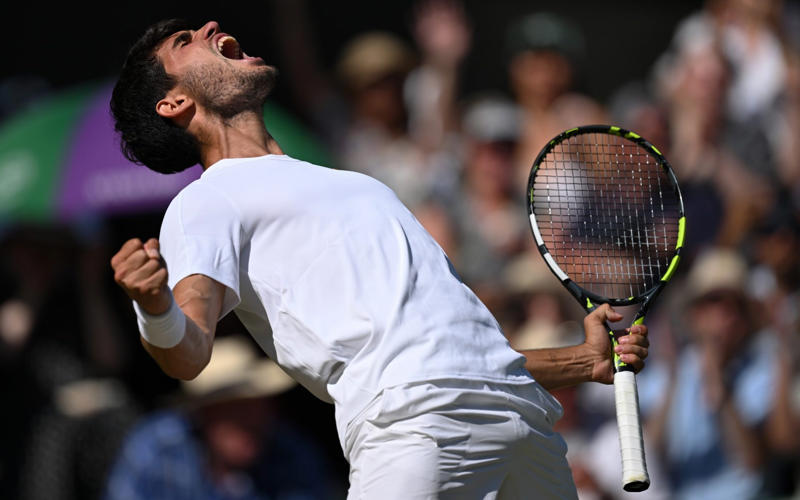 04:44 PM BST, Alcaraz reacts, 04:39 PM BST, Irresistible Alcaraz, 04:33 PM BST, Watch: How Alcaraz reached the men’s final, 04:28 PM BST, Alcaraz 6-4, 5-7, 6-3, 7-6 (8-6) Fritz - TIE-BREAK, 04:26 PM BST, Alcaraz 6-4, 5-7, 6-3, 6-6 (6-6) Fritz - TIE-BREAK, 04:22 PM BST, Alcaraz 6-4, 5-7, 6-3, 6-6 (4-2) Fritz - TIE-BREAK, 04:18 PM BST, Alcaraz 6-4, 5-7, 6-3, 6-6 Fritz*, 04:15 PM BST, Alcaraz* 6-4, 5-7, 6-3, 6-5 Fritz, 04:10 PM BST, Alcaraz 6-4, 5-7, 6-3, 5-5 Fritz*, 04:08 PM BST, Alcaraz* 6-4, 5-7, 6-3, 5-4 Fritz, 04:05 PM BST, Alcaraz 6-4, 5-7, 6-3, 4-4 Fritz*, 04:02 PM BST, Alcaraz* 6-4, 5-7, 6-3, 4-3 Fritz, 03:59 PM BST, Alcaraz 6-4, 5-7, 6-3, 3-3 Fritz*, 03:56 PM BST, Alcaraz* 6-4, 5-7, 6-3, 3-2 Fritz, 03:53 PM BST, Alcaraz 6-4, 5-7, 6-3, 2-2 Fritz*, 03:48 PM BST, Alcaraz* 6-4, 5-7, 6-3, 2-1 Fritz, 03:46 PM BST, Alcaraz 6-4, 5-7, 6-3, 1-1 Fritz*, 03:42 PM BST, Fourth set: Alcaraz* 6-4, 5-7, 6-3, 1-0 Fritz, 03:37 PM BST, Alcaraz 6-4, 5-7, 6-3 Fritz*, 03:33 PM BST, Alcaraz* 6-4, 5-7, 5-3 Fritz, 03:28 PM BST, Alcaraz 6-4, 5-7, 4-3 Fritz*, 03:26 PM BST, Alcaraz* 6-4, 5-7, 4-2 Fritz, 03:24 PM BST, Alcaraz 6-4, 5-7, 3-2 Fritz*, 03:21 PM BST, Alcaraz* 6-4, 5-7, 3-1 Fritz, 03:18 PM BST, Alcaraz 6-4, 5-7, 2-1 Fritz*, 03:15 PM BST, Alcaraz* 6-4, 5-7, 1-1 Fritz, 03:14 PM BST, ‘A few more empty seats on Centre Court’, 03:13 PM BST, Third set: Alcaraz 6-4, 5-7, 0-1 Fritz*, 03:05 PM BST, ‘Those on Centre Court could now be in for a thriller’, 03:03 PM BST, Alcaraz* 6-4, 5-7 Fritz, 03:00 PM BST, Alcaraz 6-4, 5-6 Fritz*, 02:56 PM BST, Alcaraz* 6-4, 5-5 Fritz, 02:52 PM BST, Alcaraz 6-4, 4-5 Fritz*, 02:48 PM BST, Alcaraz* 6-4, 4-4 Fritz, 02:38 PM BST, Alcaraz 6-4, 3-4 Fritz*, 02:36 PM BST, Alcaraz* 6-4, 3-3 Fritz, 02:34 PM BST, Alcaraz 6-4, 2-3 Fritz*, 02:32 PM BST, ‘Fritz will have to hope he gets another chance’, 02:31 PM BST, Alcaraz* 6-4, 2-2 Fritz, 02:27 PM BST, Alcaraz 6-4, 1-2 Fritz*, 02:22 PM BST, Alcaraz* 6-4, 1-1 Fritz, 02:20 PM BST, ‘Fritz did not do too much wrong’, 02:19 PM BST, Second set: Alcaraz 6-4, 0-1 Fritz*, 02:16 PM BST, Alcaraz* 6-4 Fritz, 02:11 PM BST, Alcaraz 5-4 Fritz*, 02:08 PM BST, Alcaraz* 5-3 Fritz, 02:03 PM BST, Alcaraz 4-3 Fritz*, 02:00 PM BST, Alcaraz* 4-2 Fritz, 01:56 PM BST, Alcaraz 3-2 Fritz*, 01:51 PM BST, Alcaraz* 3-1 Fritz, 01:48 PM BST, 01:47 PM BST, Alcaraz 2-1 Fritz*, 01:45 PM BST, Alcaraz* 2-0 Fritz, 01:43 PM BST, First set: Carlos Alcaraz 1-0 Taylor Fritz* (*denotes server), 01:38 PM BST, Here we go!, 01:27 PM BST, The tennis girlfriend and fashion queen who has taken over Wimbledon, 01:21 PM BST, Big names in the Royal Box, 01:13 PM BST, Data that shows Carlos Alcaraz is in league of his own, 01:02 PM BST, Sign up to our Telegraph Sport newsletter, 12:52 PM BST, Men’s semi-final day