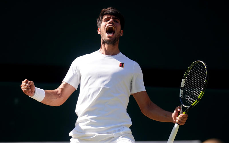 04:44 PM BST, Alcaraz reacts, 04:39 PM BST, Irresistible Alcaraz, 04:33 PM BST, Watch: How Alcaraz reached the men’s final, 04:28 PM BST, Alcaraz 6-4, 5-7, 6-3, 7-6 (8-6) Fritz - TIE-BREAK, 04:26 PM BST, Alcaraz 6-4, 5-7, 6-3, 6-6 (6-6) Fritz - TIE-BREAK, 04:22 PM BST, Alcaraz 6-4, 5-7, 6-3, 6-6 (4-2) Fritz - TIE-BREAK, 04:18 PM BST, Alcaraz 6-4, 5-7, 6-3, 6-6 Fritz*, 04:15 PM BST, Alcaraz* 6-4, 5-7, 6-3, 6-5 Fritz, 04:10 PM BST, Alcaraz 6-4, 5-7, 6-3, 5-5 Fritz*, 04:08 PM BST, Alcaraz* 6-4, 5-7, 6-3, 5-4 Fritz, 04:05 PM BST, Alcaraz 6-4, 5-7, 6-3, 4-4 Fritz*, 04:02 PM BST, Alcaraz* 6-4, 5-7, 6-3, 4-3 Fritz, 03:59 PM BST, Alcaraz 6-4, 5-7, 6-3, 3-3 Fritz*, 03:56 PM BST, Alcaraz* 6-4, 5-7, 6-3, 3-2 Fritz, 03:53 PM BST, Alcaraz 6-4, 5-7, 6-3, 2-2 Fritz*, 03:48 PM BST, Alcaraz* 6-4, 5-7, 6-3, 2-1 Fritz, 03:46 PM BST, Alcaraz 6-4, 5-7, 6-3, 1-1 Fritz*, 03:42 PM BST, Fourth set: Alcaraz* 6-4, 5-7, 6-3, 1-0 Fritz, 03:37 PM BST, Alcaraz 6-4, 5-7, 6-3 Fritz*, 03:33 PM BST, Alcaraz* 6-4, 5-7, 5-3 Fritz, 03:28 PM BST, Alcaraz 6-4, 5-7, 4-3 Fritz*, 03:26 PM BST, Alcaraz* 6-4, 5-7, 4-2 Fritz, 03:24 PM BST, Alcaraz 6-4, 5-7, 3-2 Fritz*, 03:21 PM BST, Alcaraz* 6-4, 5-7, 3-1 Fritz, 03:18 PM BST, Alcaraz 6-4, 5-7, 2-1 Fritz*, 03:15 PM BST, Alcaraz* 6-4, 5-7, 1-1 Fritz, 03:14 PM BST, ‘A few more empty seats on Centre Court’, 03:13 PM BST, Third set: Alcaraz 6-4, 5-7, 0-1 Fritz*, 03:05 PM BST, ‘Those on Centre Court could now be in for a thriller’, 03:03 PM BST, Alcaraz* 6-4, 5-7 Fritz, 03:00 PM BST, Alcaraz 6-4, 5-6 Fritz*, 02:56 PM BST, Alcaraz* 6-4, 5-5 Fritz, 02:52 PM BST, Alcaraz 6-4, 4-5 Fritz*, 02:48 PM BST, Alcaraz* 6-4, 4-4 Fritz, 02:38 PM BST, Alcaraz 6-4, 3-4 Fritz*, 02:36 PM BST, Alcaraz* 6-4, 3-3 Fritz, 02:34 PM BST, Alcaraz 6-4, 2-3 Fritz*, 02:32 PM BST, ‘Fritz will have to hope he gets another chance’, 02:31 PM BST, Alcaraz* 6-4, 2-2 Fritz, 02:27 PM BST, Alcaraz 6-4, 1-2 Fritz*, 02:22 PM BST, Alcaraz* 6-4, 1-1 Fritz, 02:20 PM BST, ‘Fritz did not do too much wrong’, 02:19 PM BST, Second set: Alcaraz 6-4, 0-1 Fritz*, 02:16 PM BST, Alcaraz* 6-4 Fritz, 02:11 PM BST, Alcaraz 5-4 Fritz*, 02:08 PM BST, Alcaraz* 5-3 Fritz, 02:03 PM BST, Alcaraz 4-3 Fritz*, 02:00 PM BST, Alcaraz* 4-2 Fritz, 01:56 PM BST, Alcaraz 3-2 Fritz*, 01:51 PM BST, Alcaraz* 3-1 Fritz, 01:48 PM BST, 01:47 PM BST, Alcaraz 2-1 Fritz*, 01:45 PM BST, Alcaraz* 2-0 Fritz, 01:43 PM BST, First set: Carlos Alcaraz 1-0 Taylor Fritz* (*denotes server), 01:38 PM BST, Here we go!, 01:27 PM BST, The tennis girlfriend and fashion queen who has taken over Wimbledon, 01:21 PM BST, Big names in the Royal Box, 01:13 PM BST, Data that shows Carlos Alcaraz is in league of his own, 01:02 PM BST, Sign up to our Telegraph Sport newsletter, 12:52 PM BST, Men’s semi-final day
