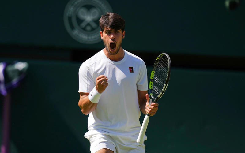 04:44 PM BST, Alcaraz reacts, 04:39 PM BST, Irresistible Alcaraz, 04:33 PM BST, Watch: How Alcaraz reached the men’s final, 04:28 PM BST, Alcaraz 6-4, 5-7, 6-3, 7-6 (8-6) Fritz - TIE-BREAK, 04:26 PM BST, Alcaraz 6-4, 5-7, 6-3, 6-6 (6-6) Fritz - TIE-BREAK, 04:22 PM BST, Alcaraz 6-4, 5-7, 6-3, 6-6 (4-2) Fritz - TIE-BREAK, 04:18 PM BST, Alcaraz 6-4, 5-7, 6-3, 6-6 Fritz*, 04:15 PM BST, Alcaraz* 6-4, 5-7, 6-3, 6-5 Fritz, 04:10 PM BST, Alcaraz 6-4, 5-7, 6-3, 5-5 Fritz*, 04:08 PM BST, Alcaraz* 6-4, 5-7, 6-3, 5-4 Fritz, 04:05 PM BST, Alcaraz 6-4, 5-7, 6-3, 4-4 Fritz*, 04:02 PM BST, Alcaraz* 6-4, 5-7, 6-3, 4-3 Fritz, 03:59 PM BST, Alcaraz 6-4, 5-7, 6-3, 3-3 Fritz*, 03:56 PM BST, Alcaraz* 6-4, 5-7, 6-3, 3-2 Fritz, 03:53 PM BST, Alcaraz 6-4, 5-7, 6-3, 2-2 Fritz*, 03:48 PM BST, Alcaraz* 6-4, 5-7, 6-3, 2-1 Fritz, 03:46 PM BST, Alcaraz 6-4, 5-7, 6-3, 1-1 Fritz*, 03:42 PM BST, Fourth set: Alcaraz* 6-4, 5-7, 6-3, 1-0 Fritz, 03:37 PM BST, Alcaraz 6-4, 5-7, 6-3 Fritz*, 03:33 PM BST, Alcaraz* 6-4, 5-7, 5-3 Fritz, 03:28 PM BST, Alcaraz 6-4, 5-7, 4-3 Fritz*, 03:26 PM BST, Alcaraz* 6-4, 5-7, 4-2 Fritz, 03:24 PM BST, Alcaraz 6-4, 5-7, 3-2 Fritz*, 03:21 PM BST, Alcaraz* 6-4, 5-7, 3-1 Fritz, 03:18 PM BST, Alcaraz 6-4, 5-7, 2-1 Fritz*, 03:15 PM BST, Alcaraz* 6-4, 5-7, 1-1 Fritz, 03:14 PM BST, ‘A few more empty seats on Centre Court’, 03:13 PM BST, Third set: Alcaraz 6-4, 5-7, 0-1 Fritz*, 03:05 PM BST, ‘Those on Centre Court could now be in for a thriller’, 03:03 PM BST, Alcaraz* 6-4, 5-7 Fritz, 03:00 PM BST, Alcaraz 6-4, 5-6 Fritz*, 02:56 PM BST, Alcaraz* 6-4, 5-5 Fritz, 02:52 PM BST, Alcaraz 6-4, 4-5 Fritz*, 02:48 PM BST, Alcaraz* 6-4, 4-4 Fritz, 02:38 PM BST, Alcaraz 6-4, 3-4 Fritz*, 02:36 PM BST, Alcaraz* 6-4, 3-3 Fritz, 02:34 PM BST, Alcaraz 6-4, 2-3 Fritz*, 02:32 PM BST, ‘Fritz will have to hope he gets another chance’, 02:31 PM BST, Alcaraz* 6-4, 2-2 Fritz, 02:27 PM BST, Alcaraz 6-4, 1-2 Fritz*, 02:22 PM BST, Alcaraz* 6-4, 1-1 Fritz, 02:20 PM BST, ‘Fritz did not do too much wrong’, 02:19 PM BST, Second set: Alcaraz 6-4, 0-1 Fritz*, 02:16 PM BST, Alcaraz* 6-4 Fritz, 02:11 PM BST, Alcaraz 5-4 Fritz*, 02:08 PM BST, Alcaraz* 5-3 Fritz, 02:03 PM BST, Alcaraz 4-3 Fritz*, 02:00 PM BST, Alcaraz* 4-2 Fritz, 01:56 PM BST, Alcaraz 3-2 Fritz*, 01:51 PM BST, Alcaraz* 3-1 Fritz, 01:48 PM BST, 01:47 PM BST, Alcaraz 2-1 Fritz*, 01:45 PM BST, Alcaraz* 2-0 Fritz, 01:43 PM BST, First set: Carlos Alcaraz 1-0 Taylor Fritz* (*denotes server), 01:38 PM BST, Here we go!, 01:27 PM BST, The tennis girlfriend and fashion queen who has taken over Wimbledon, 01:21 PM BST, Big names in the Royal Box, 01:13 PM BST, Data that shows Carlos Alcaraz is in league of his own, 01:02 PM BST, Sign up to our Telegraph Sport newsletter, 12:52 PM BST, Men’s semi-final day