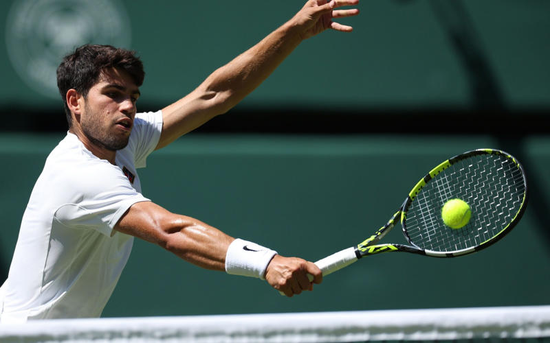 04:44 PM BST, Alcaraz reacts, 04:39 PM BST, Irresistible Alcaraz, 04:33 PM BST, Watch: How Alcaraz reached the men’s final, 04:28 PM BST, Alcaraz 6-4, 5-7, 6-3, 7-6 (8-6) Fritz - TIE-BREAK, 04:26 PM BST, Alcaraz 6-4, 5-7, 6-3, 6-6 (6-6) Fritz - TIE-BREAK, 04:22 PM BST, Alcaraz 6-4, 5-7, 6-3, 6-6 (4-2) Fritz - TIE-BREAK, 04:18 PM BST, Alcaraz 6-4, 5-7, 6-3, 6-6 Fritz*, 04:15 PM BST, Alcaraz* 6-4, 5-7, 6-3, 6-5 Fritz, 04:10 PM BST, Alcaraz 6-4, 5-7, 6-3, 5-5 Fritz*, 04:08 PM BST, Alcaraz* 6-4, 5-7, 6-3, 5-4 Fritz, 04:05 PM BST, Alcaraz 6-4, 5-7, 6-3, 4-4 Fritz*, 04:02 PM BST, Alcaraz* 6-4, 5-7, 6-3, 4-3 Fritz, 03:59 PM BST, Alcaraz 6-4, 5-7, 6-3, 3-3 Fritz*, 03:56 PM BST, Alcaraz* 6-4, 5-7, 6-3, 3-2 Fritz, 03:53 PM BST, Alcaraz 6-4, 5-7, 6-3, 2-2 Fritz*, 03:48 PM BST, Alcaraz* 6-4, 5-7, 6-3, 2-1 Fritz, 03:46 PM BST, Alcaraz 6-4, 5-7, 6-3, 1-1 Fritz*, 03:42 PM BST, Fourth set: Alcaraz* 6-4, 5-7, 6-3, 1-0 Fritz, 03:37 PM BST, Alcaraz 6-4, 5-7, 6-3 Fritz*, 03:33 PM BST, Alcaraz* 6-4, 5-7, 5-3 Fritz, 03:28 PM BST, Alcaraz 6-4, 5-7, 4-3 Fritz*, 03:26 PM BST, Alcaraz* 6-4, 5-7, 4-2 Fritz, 03:24 PM BST, Alcaraz 6-4, 5-7, 3-2 Fritz*, 03:21 PM BST, Alcaraz* 6-4, 5-7, 3-1 Fritz, 03:18 PM BST, Alcaraz 6-4, 5-7, 2-1 Fritz*, 03:15 PM BST, Alcaraz* 6-4, 5-7, 1-1 Fritz, 03:14 PM BST, ‘A few more empty seats on Centre Court’, 03:13 PM BST, Third set: Alcaraz 6-4, 5-7, 0-1 Fritz*, 03:05 PM BST, ‘Those on Centre Court could now be in for a thriller’, 03:03 PM BST, Alcaraz* 6-4, 5-7 Fritz, 03:00 PM BST, Alcaraz 6-4, 5-6 Fritz*, 02:56 PM BST, Alcaraz* 6-4, 5-5 Fritz, 02:52 PM BST, Alcaraz 6-4, 4-5 Fritz*, 02:48 PM BST, Alcaraz* 6-4, 4-4 Fritz, 02:38 PM BST, Alcaraz 6-4, 3-4 Fritz*, 02:36 PM BST, Alcaraz* 6-4, 3-3 Fritz, 02:34 PM BST, Alcaraz 6-4, 2-3 Fritz*, 02:32 PM BST, ‘Fritz will have to hope he gets another chance’, 02:31 PM BST, Alcaraz* 6-4, 2-2 Fritz, 02:27 PM BST, Alcaraz 6-4, 1-2 Fritz*, 02:22 PM BST, Alcaraz* 6-4, 1-1 Fritz, 02:20 PM BST, ‘Fritz did not do too much wrong’, 02:19 PM BST, Second set: Alcaraz 6-4, 0-1 Fritz*, 02:16 PM BST, Alcaraz* 6-4 Fritz, 02:11 PM BST, Alcaraz 5-4 Fritz*, 02:08 PM BST, Alcaraz* 5-3 Fritz, 02:03 PM BST, Alcaraz 4-3 Fritz*, 02:00 PM BST, Alcaraz* 4-2 Fritz, 01:56 PM BST, Alcaraz 3-2 Fritz*, 01:51 PM BST, Alcaraz* 3-1 Fritz, 01:48 PM BST, 01:47 PM BST, Alcaraz 2-1 Fritz*, 01:45 PM BST, Alcaraz* 2-0 Fritz, 01:43 PM BST, First set: Carlos Alcaraz 1-0 Taylor Fritz* (*denotes server), 01:38 PM BST, Here we go!, 01:27 PM BST, The tennis girlfriend and fashion queen who has taken over Wimbledon, 01:21 PM BST, Big names in the Royal Box, 01:13 PM BST, Data that shows Carlos Alcaraz is in league of his own, 01:02 PM BST, Sign up to our Telegraph Sport newsletter, 12:52 PM BST, Men’s semi-final day