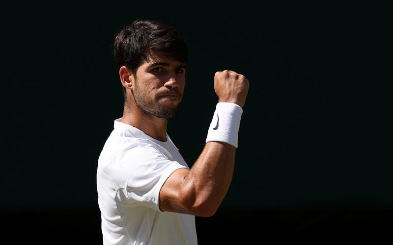 04:44 PM BST, Alcaraz reacts, 04:39 PM BST, Irresistible Alcaraz, 04:33 PM BST, Watch: How Alcaraz reached the men’s final, 04:28 PM BST, Alcaraz 6-4, 5-7, 6-3, 7-6 (8-6) Fritz - TIE-BREAK, 04:26 PM BST, Alcaraz 6-4, 5-7, 6-3, 6-6 (6-6) Fritz - TIE-BREAK, 04:22 PM BST, Alcaraz 6-4, 5-7, 6-3, 6-6 (4-2) Fritz - TIE-BREAK, 04:18 PM BST, Alcaraz 6-4, 5-7, 6-3, 6-6 Fritz*, 04:15 PM BST, Alcaraz* 6-4, 5-7, 6-3, 6-5 Fritz, 04:10 PM BST, Alcaraz 6-4, 5-7, 6-3, 5-5 Fritz*, 04:08 PM BST, Alcaraz* 6-4, 5-7, 6-3, 5-4 Fritz, 04:05 PM BST, Alcaraz 6-4, 5-7, 6-3, 4-4 Fritz*, 04:02 PM BST, Alcaraz* 6-4, 5-7, 6-3, 4-3 Fritz, 03:59 PM BST, Alcaraz 6-4, 5-7, 6-3, 3-3 Fritz*, 03:56 PM BST, Alcaraz* 6-4, 5-7, 6-3, 3-2 Fritz, 03:53 PM BST, Alcaraz 6-4, 5-7, 6-3, 2-2 Fritz*, 03:48 PM BST, Alcaraz* 6-4, 5-7, 6-3, 2-1 Fritz, 03:46 PM BST, Alcaraz 6-4, 5-7, 6-3, 1-1 Fritz*, 03:42 PM BST, Fourth set: Alcaraz* 6-4, 5-7, 6-3, 1-0 Fritz, 03:37 PM BST, Alcaraz 6-4, 5-7, 6-3 Fritz*, 03:33 PM BST, Alcaraz* 6-4, 5-7, 5-3 Fritz, 03:28 PM BST, Alcaraz 6-4, 5-7, 4-3 Fritz*, 03:26 PM BST, Alcaraz* 6-4, 5-7, 4-2 Fritz, 03:24 PM BST, Alcaraz 6-4, 5-7, 3-2 Fritz*, 03:21 PM BST, Alcaraz* 6-4, 5-7, 3-1 Fritz, 03:18 PM BST, Alcaraz 6-4, 5-7, 2-1 Fritz*, 03:15 PM BST, Alcaraz* 6-4, 5-7, 1-1 Fritz, 03:14 PM BST, ‘A few more empty seats on Centre Court’, 03:13 PM BST, Third set: Alcaraz 6-4, 5-7, 0-1 Fritz*, 03:05 PM BST, ‘Those on Centre Court could now be in for a thriller’, 03:03 PM BST, Alcaraz* 6-4, 5-7 Fritz, 03:00 PM BST, Alcaraz 6-4, 5-6 Fritz*, 02:56 PM BST, Alcaraz* 6-4, 5-5 Fritz, 02:52 PM BST, Alcaraz 6-4, 4-5 Fritz*, 02:48 PM BST, Alcaraz* 6-4, 4-4 Fritz, 02:38 PM BST, Alcaraz 6-4, 3-4 Fritz*, 02:36 PM BST, Alcaraz* 6-4, 3-3 Fritz, 02:34 PM BST, Alcaraz 6-4, 2-3 Fritz*, 02:32 PM BST, ‘Fritz will have to hope he gets another chance’, 02:31 PM BST, Alcaraz* 6-4, 2-2 Fritz, 02:27 PM BST, Alcaraz 6-4, 1-2 Fritz*, 02:22 PM BST, Alcaraz* 6-4, 1-1 Fritz, 02:20 PM BST, ‘Fritz did not do too much wrong’, 02:19 PM BST, Second set: Alcaraz 6-4, 0-1 Fritz*, 02:16 PM BST, Alcaraz* 6-4 Fritz, 02:11 PM BST, Alcaraz 5-4 Fritz*, 02:08 PM BST, Alcaraz* 5-3 Fritz, 02:03 PM BST, Alcaraz 4-3 Fritz*, 02:00 PM BST, Alcaraz* 4-2 Fritz, 01:56 PM BST, Alcaraz 3-2 Fritz*, 01:51 PM BST, Alcaraz* 3-1 Fritz, 01:48 PM BST, 01:47 PM BST, Alcaraz 2-1 Fritz*, 01:45 PM BST, Alcaraz* 2-0 Fritz, 01:43 PM BST, First set: Carlos Alcaraz 1-0 Taylor Fritz* (*denotes server), 01:38 PM BST, Here we go!, 01:27 PM BST, The tennis girlfriend and fashion queen who has taken over Wimbledon, 01:21 PM BST, Big names in the Royal Box, 01:13 PM BST, Data that shows Carlos Alcaraz is in league of his own, 01:02 PM BST, Sign up to our Telegraph Sport newsletter, 12:52 PM BST, Men’s semi-final day