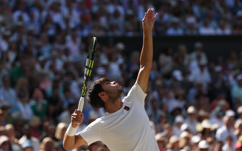 04:44 PM BST, Alcaraz reacts, 04:39 PM BST, Irresistible Alcaraz, 04:33 PM BST, Watch: How Alcaraz reached the men’s final, 04:28 PM BST, Alcaraz 6-4, 5-7, 6-3, 7-6 (8-6) Fritz - TIE-BREAK, 04:26 PM BST, Alcaraz 6-4, 5-7, 6-3, 6-6 (6-6) Fritz - TIE-BREAK, 04:22 PM BST, Alcaraz 6-4, 5-7, 6-3, 6-6 (4-2) Fritz - TIE-BREAK, 04:18 PM BST, Alcaraz 6-4, 5-7, 6-3, 6-6 Fritz*, 04:15 PM BST, Alcaraz* 6-4, 5-7, 6-3, 6-5 Fritz, 04:10 PM BST, Alcaraz 6-4, 5-7, 6-3, 5-5 Fritz*, 04:08 PM BST, Alcaraz* 6-4, 5-7, 6-3, 5-4 Fritz, 04:05 PM BST, Alcaraz 6-4, 5-7, 6-3, 4-4 Fritz*, 04:02 PM BST, Alcaraz* 6-4, 5-7, 6-3, 4-3 Fritz, 03:59 PM BST, Alcaraz 6-4, 5-7, 6-3, 3-3 Fritz*, 03:56 PM BST, Alcaraz* 6-4, 5-7, 6-3, 3-2 Fritz, 03:53 PM BST, Alcaraz 6-4, 5-7, 6-3, 2-2 Fritz*, 03:48 PM BST, Alcaraz* 6-4, 5-7, 6-3, 2-1 Fritz, 03:46 PM BST, Alcaraz 6-4, 5-7, 6-3, 1-1 Fritz*, 03:42 PM BST, Fourth set: Alcaraz* 6-4, 5-7, 6-3, 1-0 Fritz, 03:37 PM BST, Alcaraz 6-4, 5-7, 6-3 Fritz*, 03:33 PM BST, Alcaraz* 6-4, 5-7, 5-3 Fritz, 03:28 PM BST, Alcaraz 6-4, 5-7, 4-3 Fritz*, 03:26 PM BST, Alcaraz* 6-4, 5-7, 4-2 Fritz, 03:24 PM BST, Alcaraz 6-4, 5-7, 3-2 Fritz*, 03:21 PM BST, Alcaraz* 6-4, 5-7, 3-1 Fritz, 03:18 PM BST, Alcaraz 6-4, 5-7, 2-1 Fritz*, 03:15 PM BST, Alcaraz* 6-4, 5-7, 1-1 Fritz, 03:14 PM BST, ‘A few more empty seats on Centre Court’, 03:13 PM BST, Third set: Alcaraz 6-4, 5-7, 0-1 Fritz*, 03:05 PM BST, ‘Those on Centre Court could now be in for a thriller’, 03:03 PM BST, Alcaraz* 6-4, 5-7 Fritz, 03:00 PM BST, Alcaraz 6-4, 5-6 Fritz*, 02:56 PM BST, Alcaraz* 6-4, 5-5 Fritz, 02:52 PM BST, Alcaraz 6-4, 4-5 Fritz*, 02:48 PM BST, Alcaraz* 6-4, 4-4 Fritz, 02:38 PM BST, Alcaraz 6-4, 3-4 Fritz*, 02:36 PM BST, Alcaraz* 6-4, 3-3 Fritz, 02:34 PM BST, Alcaraz 6-4, 2-3 Fritz*, 02:32 PM BST, ‘Fritz will have to hope he gets another chance’, 02:31 PM BST, Alcaraz* 6-4, 2-2 Fritz, 02:27 PM BST, Alcaraz 6-4, 1-2 Fritz*, 02:22 PM BST, Alcaraz* 6-4, 1-1 Fritz, 02:20 PM BST, ‘Fritz did not do too much wrong’, 02:19 PM BST, Second set: Alcaraz 6-4, 0-1 Fritz*, 02:16 PM BST, Alcaraz* 6-4 Fritz, 02:11 PM BST, Alcaraz 5-4 Fritz*, 02:08 PM BST, Alcaraz* 5-3 Fritz, 02:03 PM BST, Alcaraz 4-3 Fritz*, 02:00 PM BST, Alcaraz* 4-2 Fritz, 01:56 PM BST, Alcaraz 3-2 Fritz*, 01:51 PM BST, Alcaraz* 3-1 Fritz, 01:48 PM BST, 01:47 PM BST, Alcaraz 2-1 Fritz*, 01:45 PM BST, Alcaraz* 2-0 Fritz, 01:43 PM BST, First set: Carlos Alcaraz 1-0 Taylor Fritz* (*denotes server), 01:38 PM BST, Here we go!, 01:27 PM BST, The tennis girlfriend and fashion queen who has taken over Wimbledon, 01:21 PM BST, Big names in the Royal Box, 01:13 PM BST, Data that shows Carlos Alcaraz is in league of his own, 01:02 PM BST, Sign up to our Telegraph Sport newsletter, 12:52 PM BST, Men’s semi-final day