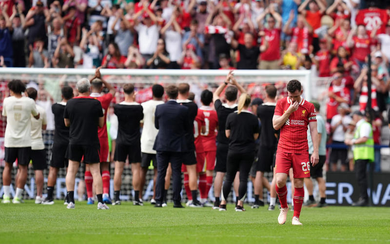 05:25 PM BST, Liverpool’s number 20, forever, 05:15 PM BST, A lot to take in, 05:12 PM BST, Very, very emotional, 05:07 PM BST, Scenes after FT, 05:06 PM BST, Paying tribute to Diogo Jota, 04:58 PM BST, Credit to Preston, 04:53 PM BST, Emotional scenes, 04:51 PM BST, Full time, 04:49 PM BST, 90+1 mins: Preston 1 Liverpool 3, 04:48 PM BST, 90 mins: Preston 1 Liverpool 3, 04:47 PM BST, GOAL! Gakpo seals victory for Liverpool, 04:43 PM BST, 85 mins: Preston 1 Liverpool 2, 04:41 PM BST, GOAL! Lindsay gets one back for Preston, 04:39 PM BST, 80 mins: Preston 0 Liverpool 2, 04:36 PM BST, 78 mins: Preston 0 Liverpool 2, 04:35 PM BST, 76 mins: Preston 0 Liverpool 2, 04:32 PM BST, 73 mins: Preston 0 Liverpool 2, 04:28 PM BST, 69 mins: Preston 0 Liverpool 2, 04:25 PM BST, 66 mins: Preston 0 Liverpool 2, 04:22 PM BST, 63 mins: Preston 0 Liverpool 2, 04:18 PM BST, 60 mins: Preston 0 Liverpool 2, 04:17 PM BST, 59 mins: Preston 0 Liverpool 2, 04:15 PM BST, 56 mins: Preston 0 Liverpool 2, 04:15 PM BST, 55 mins: Preston 0 Liverpool 2, 04:11 PM BST, GOAL! Nunez doubles Liverpool’s lead and pays tribute to Diogo Jota, 04:05 PM BST, 47 mins: Preston 0 Liverpool 1, 04:03 PM BST, Second half, 03:54 PM BST, Tributes throughout the first half, 03:51 PM BST, Conor Bradley has Liverpool ahead at the break, 03:47 PM BST, Half-time, 03:46 PM BST, 45+1 mins: Preston 0 Liverpool 1, 03:45 PM BST, 45 mins: Preston 0 Liverpool 1, 03:44 PM BST, 44 mins: Preston 0 Liverpool 1, 03:43 PM BST, 42 mins: Preston 0 Liverpool 1, 03:37 PM BST, 36 mins: Preston 0 Liverpool 1, 03:33 PM BST, GOAL! Bradley gives Liverpool the lead, 03:32 PM BST, 31 mins: Preston 0 Liverpool 0, 03:28 PM BST, 28 mins: Preston 0 Liverpool 0, 03:26 PM BST, 26 mins: Preston 0 Liverpool 0, 03:24 PM BST, 23 mins: Preston 0 Liverpool 0, 03:20 PM BST, 20 mins: Preston 0 Liverpool 0, 03:18 PM BST, 17 mins: Preston 0 Liverpool 0, 03:17 PM BST, 15 mins: Preston 0 Liverpool 0, 03:14 PM BST, 13 mins: Preston 0 Liverpool 0, 03:11 PM BST, 11 mins: Preston 0 Liverpool 0, 03:10 PM BST, 10 mins: Preston 0 Liverpool 0, 03:09 PM BST, 8 mins: Preston 0 Liverpool 0, 03:04 PM BST, 4 mins: Preston 0 Liverpool 0, 03:03 PM BST, 2 mins: Preston 0 Liverpool 0, 03:01 PM BST, 1 min: Preston 0 Liverpool 0, 03:00 PM BST, Kick-off, 02:57 PM BST, Minute’s silence, 02:56 PM BST, Reminder of the teams, 02:54 PM BST, Pre-match tributes, 02:51 PM BST, Remembering Liverpool’s number 20, 02:42 PM BST, Liverpool warming up, 02:39 PM BST, Debut in goal for the huge Georgian, 02:33 PM BST, Full team news, 02:30 PM BST, Liverpool retire Diogo Jota’s shirt number, 02:27 PM BST, Preston’s business so far this summer, 02:26 PM BST, Out to warm up, 02:25 PM BST, Liverpool’s business so far this summer, 02:21 PM BST, Tributes aplenty, 02:18 PM BST, New coach in the Liverpool dugout, 02:11 PM BST, Jota shirts everywhere, 02:05 PM BST, Jota’s song will live on, 02:03 PM BST, Preston team news, 02:00 PM BST, Liverpool team news, 02:00 PM BST, Commemorative edition matchday programme, 01:25 PM BST, Liverpool poised for emotional return