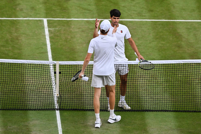 Wimbledon 2025: Men's singles final - Alcaraz vs Sinner, Jannik Sinner observes his name on honours board at Wimbledon, Former Wimbledon champion Bartoli praises Sinner, Tim Henman in awe of Jannik Sinner after Wimbledon victory, Wimbledon 2025 - full list of honours, The Jannik Sinner era?, Wimbledon men's singles final - key stats, Jannik Sinner collects trophy on Centre Court after landing first Wimbledon title, Nick Kyrgios pinpoints the different between Jannik Sinner and Carlos Alcaraz, Jannik Sinner breaks his Carlos Alcaraz curse with stunning Wimbledon triumph, Alcaraz collects runner-up plate at Wimbledon, Jannik Sinner reacts to champagne cork interrupting Wimbledon final, Carlos Alcaraz determined to return to Wimbledon and thanks King of Spain, Centre Court showers Alcaraz with praise after Wimbledon final defeat, Sinner wins first Wimbledon crown to dethrone Alcaraz in sensational final, Sinner wins first Wimbledon crown to dethrone Alcaraz in sensational final, Alcaraz stays in championship with gutsy hold in Wimbledon final, Sinner feels pressure as Wimbledon title edges closer, Alcaraz turns to serve-and-volley tactic to stay in Wimbledon final, Sinner two games from victory, Alcaraz takes out frustration on new balls, Sinner builds lead in fourth set to surge towards Wimbledon crown, SET! Sinner powers to third set after towering overhead smash, BREAK! Sinner with the crucial advantage after Alcaraz slips, Sinner holding off inspired Alcaraz with impeccable serving, Alcaraz continues to lead in nail-biting third set in Wimbledon final, Alcaraz scrapping in third set without his best tennis, Alcaraz scraps to hold serve against Sinner in third set, Sinner wins second set after stunning forehand on the run, Wimbledon crowd boo spectator after champagne cork interrupts Alcaraz-Sinner final, Alcaraz fighting to avoid double break deficit, Sinner under pressure on serve once more, BREAK! Sinner strikes back to lead second set, Alcaraz wins gripping first set after magnificent backhand at full stretch, Alcaraz rattles off another game to take lead in ruthless three-game run, BREAK! Heavy-hitting Alcaraz hits back against Sinner, Sinner imposing himself on Alcaraz with first signs of variety, Sinner remains composed on serve, Alcaraz quickly finds his rhythm on serve to open up Wimbledon final