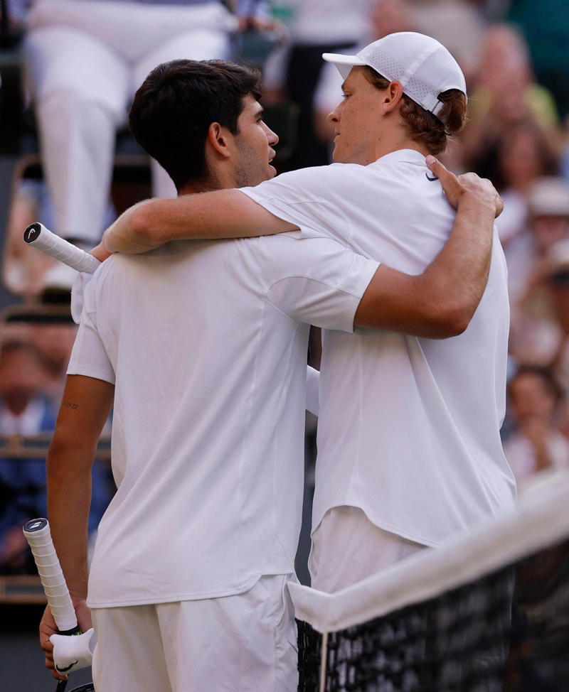 Wimbledon 2025: Men's singles final - Alcaraz vs Sinner, Jannik Sinner observes his name on honours board at Wimbledon, Former Wimbledon champion Bartoli praises Sinner, Tim Henman in awe of Jannik Sinner after Wimbledon victory, Wimbledon 2025 - full list of honours, The Jannik Sinner era?, Wimbledon men's singles final - key stats, Jannik Sinner collects trophy on Centre Court after landing first Wimbledon title, Nick Kyrgios pinpoints the different between Jannik Sinner and Carlos Alcaraz, Jannik Sinner breaks his Carlos Alcaraz curse with stunning Wimbledon triumph, Alcaraz collects runner-up plate at Wimbledon, Jannik Sinner reacts to champagne cork interrupting Wimbledon final, Carlos Alcaraz determined to return to Wimbledon and thanks King of Spain, Centre Court showers Alcaraz with praise after Wimbledon final defeat, Sinner wins first Wimbledon crown to dethrone Alcaraz in sensational final, Sinner wins first Wimbledon crown to dethrone Alcaraz in sensational final, Alcaraz stays in championship with gutsy hold in Wimbledon final, Sinner feels pressure as Wimbledon title edges closer, Alcaraz turns to serve-and-volley tactic to stay in Wimbledon final, Sinner two games from victory, Alcaraz takes out frustration on new balls, Sinner builds lead in fourth set to surge towards Wimbledon crown, SET! Sinner powers to third set after towering overhead smash, BREAK! Sinner with the crucial advantage after Alcaraz slips, Sinner holding off inspired Alcaraz with impeccable serving, Alcaraz continues to lead in nail-biting third set in Wimbledon final, Alcaraz scrapping in third set without his best tennis, Alcaraz scraps to hold serve against Sinner in third set, Sinner wins second set after stunning forehand on the run, Wimbledon crowd boo spectator after champagne cork interrupts Alcaraz-Sinner final, Alcaraz fighting to avoid double break deficit, Sinner under pressure on serve once more, BREAK! Sinner strikes back to lead second set, Alcaraz wins gripping first set after magnificent backhand at full stretch, Alcaraz rattles off another game to take lead in ruthless three-game run, BREAK! Heavy-hitting Alcaraz hits back against Sinner, Sinner imposing himself on Alcaraz with first signs of variety, Sinner remains composed on serve, Alcaraz quickly finds his rhythm on serve to open up Wimbledon final