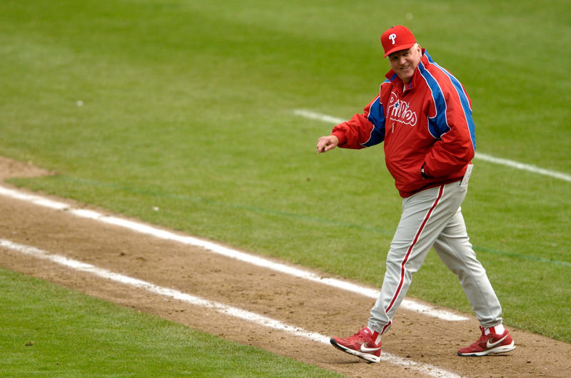 Manager: Charlie Manuel, Starting pitcher: Steve Carlton, Reliever/closer: Tug McGraw, Catcher: Darren Daulton, 1B: Ryan Howard, 2B: Chase Utley, 3B: Mike Schmidt, SS: Jimmy Rollins, OF: Bobby Abreu, OF: Lenny Dykstra, OF: Richie Ashburn, DH: Bryce Harper, Honorable mentions: