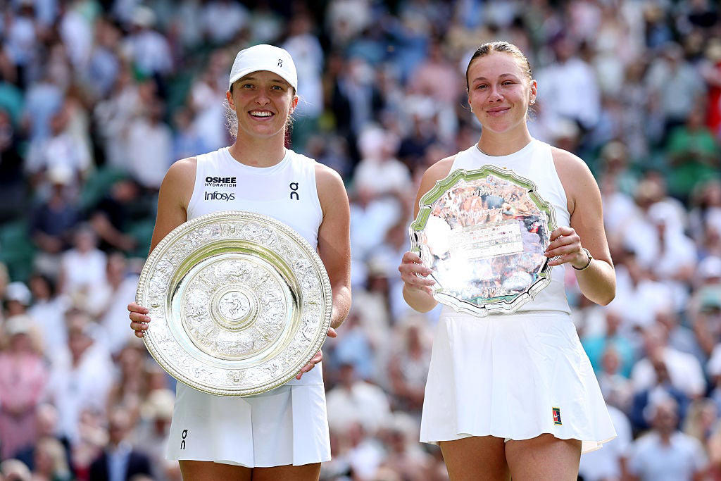 Wimbledon 2025: Women's singles final - Swiatek vs Anisimova, Iga Swiatek celebrates, Swiatek makes history, Swiatek celebrates with the trophy, Tale of the tape, Iga Swiatek is the Wimbledon champion, Iga Swiatek is the Wimbledon champion, Iga Swiatek: 'I didn't even dream of this', Anisimova speaks, Trophy presentation, Anisimova returns to court, Iga Swiatek wins maiden Wimbledon title, Iga Swiatek is the Wimbledon champion!, Iga Swiatek is the Wimbledon champion!, Swiatek serves for the championship, Swiatek serves for the championship, Swiatek serves for the championship, Swiatek breaks again, Swiatek holds, Deuce on Swiatek serve, Swiatek goes double break up, Deuce on Anisimova serve, Swiatek holds, Swiatek breaks immediately at start of second set, Swiatek seals first set in double-quick time, Anisimova cumbling on Centre Court, Swiatek escapes trouble to hold, Swiatek breaks again, Swiatek backs up the break with a service hold, Swiatek breaks immediately against nervous Anisimova, Wimbledon final – Anisimova v Swiatek, Wimbledon final – Anisimova v Swiatek, Elsewhere at Wimbledon today, Royalty in the box, Centre Court filling up for Anisimova v Swiatek, Princess of Wales introduced to wheelchair singles champion before women's final, Anisimova hopes to inspire with her comeback story, Princess of Wales arrives to attend the women's singles final, Preview: The key battle at the heart of Wimbledon final, Cash and Glasspool revel in Wimbledon triumph, Pel and Hijikata salute 'crazy ride', Summary: Cash and Glasspool make British tennis history, Cash and Glasspool clinch Wimbledon doubles title, Cash and Glasspool clinch Wimbledon doubles title, Cash and Glasspool clinch Wimbledon doubles title, Men's doubles final in second-set tie-break, Boys doubles final on Court One, British duo level in second set of men's doubles final, Hewett and Reid beaten in wheelchair doubles final, British pair lead men's doubles final, Hewett and Reid edge towards second set, Cash and Glasspool make fast start on Centre, Hewett and Reid lose first set, Cash and Glasspool can make history, Order of play, Anisimova can become third American major champion of 2025, Swiatek closing in on hardest piece of career grand slam, Swiatek closing in on hardest piece of career grand slam, Swiatek closing in on hardest piece of career grand slam, Amanda Anisimova profile: The prodigy who quit tennis, Amanda Anisimova profile: The prodigy who quit tennis, Amanda Anisimova profile: The prodigy who quit tennis, Amanda Anisimova profile: The prodigy who quit tennis, Amanda Anisimova ready to face ‘inspiration’ Iga Swiatek in Wimbledon final, Sinner on facing Alcaraz tomorrow, Grigor Dimitrov provides injury update from hospital after Wimbledon heartbreak, Sinner overcomes injured Djokovic to book Alcaraz rematch in men's singles final, Day 13 order of play - Saturday 12 July