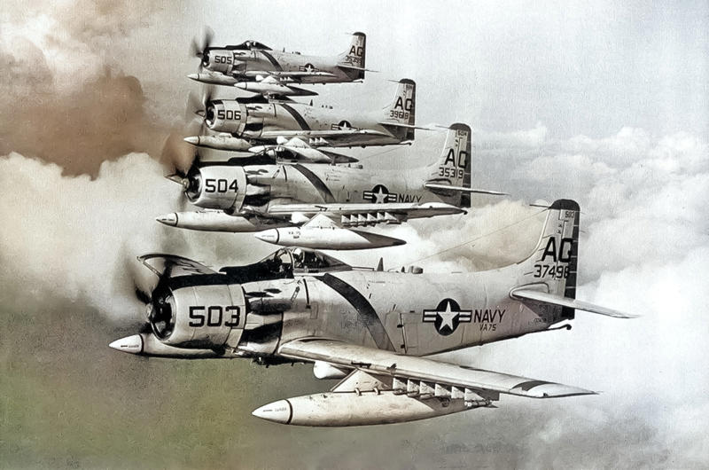 11: Hawker Sea Fury, 10: Douglas A-1 Skyraider, 9: Douglas A-4 Skyhawk, 8: Vought F-8 Crusader, 7: McDonnell Douglas F/A-18 Hornet, 6: McDonnell Douglas F-4 Phantom II, 5: BAe Sea Harrier, 4: Blackburn Buccaneer, 3: Grumman A-6 Intruder, 2: A-3 Skywarrior, 1: Grumman F-14 Tomcat
