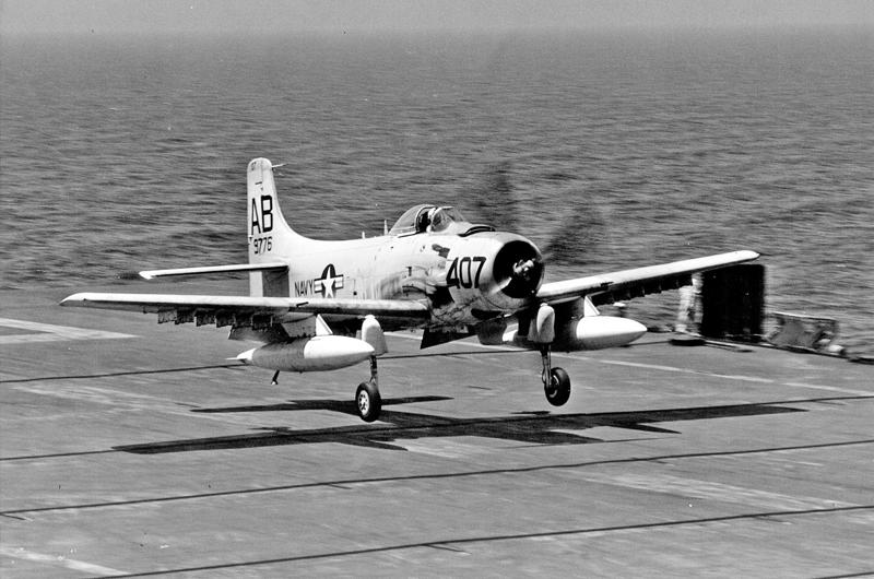 11: Hawker Sea Fury, 10: Douglas A-1 Skyraider, 9: Douglas A-4 Skyhawk, 8: Vought F-8 Crusader, 7: McDonnell Douglas F/A-18 Hornet, 6: McDonnell Douglas F-4 Phantom II, 5: BAe Sea Harrier, 4: Blackburn Buccaneer, 3: Grumman A-6 Intruder, 2: A-3 Skywarrior, 1: Grumman F-14 Tomcat