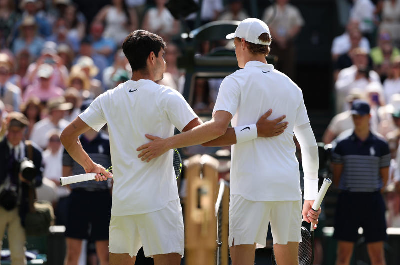 Wimbledon 2025: Men's singles final - Alcaraz vs Sinner, Jannik Sinner observes his name on honours board at Wimbledon, Former Wimbledon champion Bartoli praises Sinner, Tim Henman in awe of Jannik Sinner after Wimbledon victory, Wimbledon 2025 - full list of honours, The Jannik Sinner era?, Wimbledon men's singles final - key stats, Jannik Sinner collects trophy on Centre Court after landing first Wimbledon title, Nick Kyrgios pinpoints the different between Jannik Sinner and Carlos Alcaraz, Jannik Sinner breaks his Carlos Alcaraz curse with stunning Wimbledon triumph, Alcaraz collects runner-up plate at Wimbledon, Jannik Sinner reacts to champagne cork interrupting Wimbledon final, Carlos Alcaraz determined to return to Wimbledon and thanks King of Spain, Centre Court showers Alcaraz with praise after Wimbledon final defeat, Sinner wins first Wimbledon crown to dethrone Alcaraz in sensational final, Sinner wins first Wimbledon crown to dethrone Alcaraz in sensational final, Alcaraz stays in championship with gutsy hold in Wimbledon final, Sinner feels pressure as Wimbledon title edges closer, Alcaraz turns to serve-and-volley tactic to stay in Wimbledon final, Sinner two games from victory, Alcaraz takes out frustration on new balls, Sinner builds lead in fourth set to surge towards Wimbledon crown, SET! Sinner powers to third set after towering overhead smash, BREAK! Sinner with the crucial advantage after Alcaraz slips, Sinner holding off inspired Alcaraz with impeccable serving, Alcaraz continues to lead in nail-biting third set in Wimbledon final, Alcaraz scrapping in third set without his best tennis, Alcaraz scraps to hold serve against Sinner in third set, Sinner wins second set after stunning forehand on the run, Wimbledon crowd boo spectator after champagne cork interrupts Alcaraz-Sinner final, Alcaraz fighting to avoid double break deficit, Sinner under pressure on serve once more, BREAK! Sinner strikes back to lead second set, Alcaraz wins gripping first set after magnificent backhand at full stretch, Alcaraz rattles off another game to take lead in ruthless three-game run, BREAK! Heavy-hitting Alcaraz hits back against Sinner, Sinner imposing himself on Alcaraz with first signs of variety, Sinner remains composed on serve, Alcaraz quickly finds his rhythm on serve to open up Wimbledon final