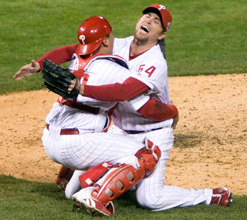 First base: Ryan Howard, Second base: Chase Utley, Shortstop: Jimmy Rollins, Third base: Scott Rolen, Left field: Pat Burrell, Center field: Shane Victorino, Right field: Bobby Abreu, Catcher: J.T. Realmuto, Utility: Bryce Harper, Designated hitter: Kyle Schwarber, Left-handed starting pitcher: Cole Hamels, Right-handed starting pitcher: Roy Halladay, Relief pitcher: Brad Lidge, Manager: Charlie Manuel