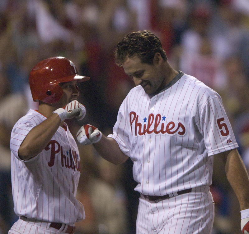 First base: Ryan Howard, Second base: Chase Utley, Shortstop: Jimmy Rollins, Third base: Scott Rolen, Left field: Pat Burrell, Center field: Shane Victorino, Right field: Bobby Abreu, Catcher: J.T. Realmuto, Utility: Bryce Harper, Designated hitter: Kyle Schwarber, Left-handed starting pitcher: Cole Hamels, Right-handed starting pitcher: Roy Halladay, Relief pitcher: Brad Lidge, Manager: Charlie Manuel