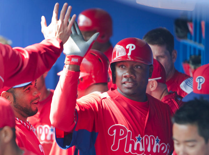 First base: Ryan Howard, Second base: Chase Utley, Shortstop: Jimmy Rollins, Third base: Scott Rolen, Left field: Pat Burrell, Center field: Shane Victorino, Right field: Bobby Abreu, Catcher: J.T. Realmuto, Utility: Bryce Harper, Designated hitter: Kyle Schwarber, Left-handed starting pitcher: Cole Hamels, Right-handed starting pitcher: Roy Halladay, Relief pitcher: Brad Lidge, Manager: Charlie Manuel