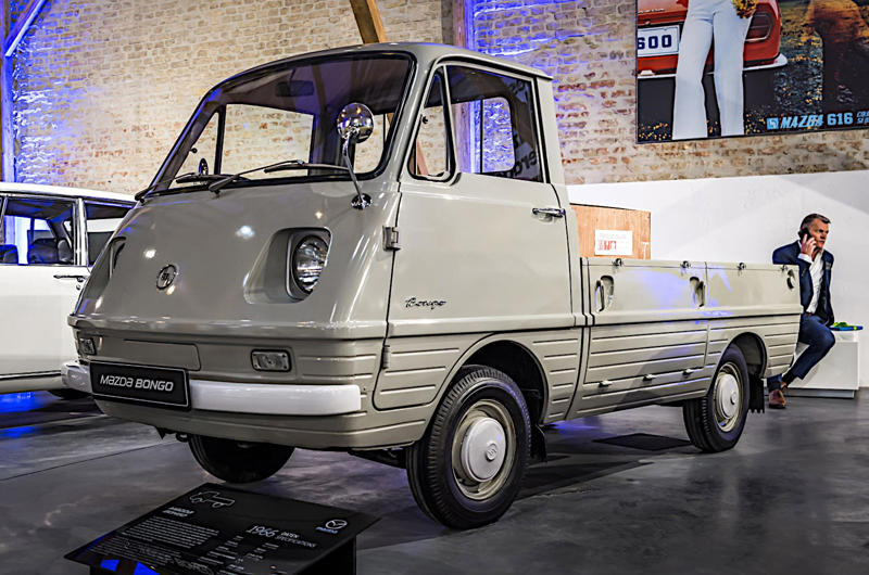 6. Mazda Bongo (1966) 1. Mazda R360 (1960), 2. Mazda B-series (1961), 3. Mazda P360 Carol (1962), 4. Mazda Familia (1963), 5. Mazda B-series (1965), 6. Mazda Bongo (1966), 7. Mazda Luce (1966), 8. Mazda Cosmo Sport (1967), 9. Mazda Luce R130 (1969), 10. Mazda RX-2 (1970), 11. Mazda RX-3 (1971), 12. Mazda Chantez (1972), 13. Mazda RX-4 (1972), 14. Mazda RX-5 (1975), 15. Mazda RX-7 (1978), 16. Mazda 323 (1980), 17. Mazda MX-5 (1989), 18. Eunos Cosmo (1990), 19. Mazda 787B (1991), 20. Mazda MX-3 (1991), 21. Autozam AZ-1 (1992), 22. Mazda Xedos 6 (1992), 23. Mazda 323F (1993), 24. Mazda Bongo Friendee (1995), 25. Mazda Demio (1996), 26. Mazda MX-5 (1998)