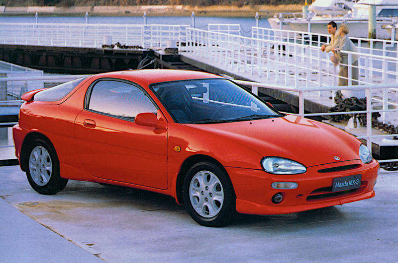 20. Mazda MX-3 (1991) 1. Mazda R360 (1960), 2. Mazda B-series (1961), 3. Mazda P360 Carol (1962), 4. Mazda Familia (1963), 5. Mazda B-series (1965), 6. Mazda Bongo (1966), 7. Mazda Luce (1966), 8. Mazda Cosmo Sport (1967), 9. Mazda Luce R130 (1969), 10. Mazda RX-2 (1970), 11. Mazda RX-3 (1971), 12. Mazda Chantez (1972), 13. Mazda RX-4 (1972), 14. Mazda RX-5 (1975), 15. Mazda RX-7 (1978), 16. Mazda 323 (1980), 17. Mazda MX-5 (1989), 18. Eunos Cosmo (1990), 19. Mazda 787B (1991), 20. Mazda MX-3 (1991), 21. Autozam AZ-1 (1992), 22. Mazda Xedos 6 (1992), 23. Mazda 323F (1993), 24. Mazda Bongo Friendee (1995), 25. Mazda Demio (1996), 26. Mazda MX-5 (1998)