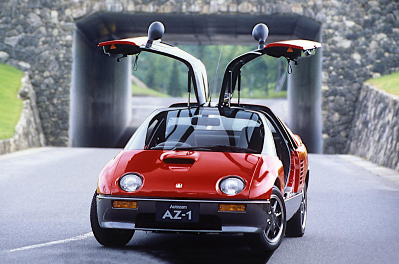 21. Autozam AZ-1 (1992) 1. Mazda R360 (1960), 2. Mazda B-series (1961), 3. Mazda P360 Carol (1962), 4. Mazda Familia (1963), 5. Mazda B-series (1965), 6. Mazda Bongo (1966), 7. Mazda Luce (1966), 8. Mazda Cosmo Sport (1967), 9. Mazda Luce R130 (1969), 10. Mazda RX-2 (1970), 11. Mazda RX-3 (1971), 12. Mazda Chantez (1972), 13. Mazda RX-4 (1972), 14. Mazda RX-5 (1975), 15. Mazda RX-7 (1978), 16. Mazda 323 (1980), 17. Mazda MX-5 (1989), 18. Eunos Cosmo (1990), 19. Mazda 787B (1991), 20. Mazda MX-3 (1991), 21. Autozam AZ-1 (1992), 22. Mazda Xedos 6 (1992), 23. Mazda 323F (1993), 24. Mazda Bongo Friendee (1995), 25. Mazda Demio (1996), 26. Mazda MX-5 (1998)