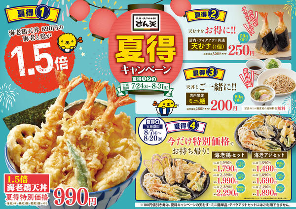 1.5倍海老鶏天丼が1000円以下で登場！, 「天むす」やミニ麺もお得に！, 持ち帰り用の天ぷらセットも値下げ！, 海老も鶏も1.5倍！