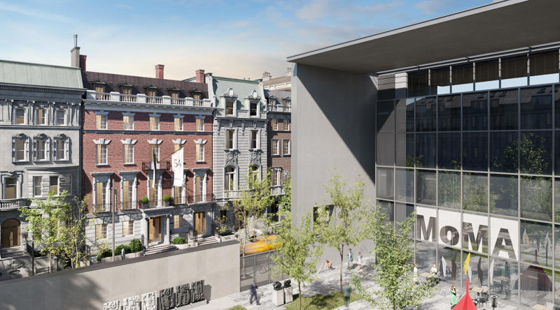The five-story townhouse is located across from the Museum of Modern Art. The five-story townhouse is located across from the Museum of Modern Art., The entry gallery on the first floor features wood paneling throughout., Neo-Georgian architectural touches include columns and decorative molding known as cornices., Two staircases lead to the upper floors., Rooms on the upper floors feature floor-to-ceiling windows and Juliet balconies., The dining room is shaped like an octagon.