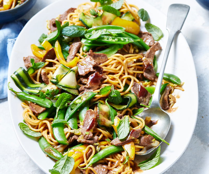 Pork and eggplant noodle stir-fry , Pork larb with rice noodles , Pork stir-fry with noodles , Sweet and sour pork with rice noodle salad , 5 ingredient dan dan noodles , Julie Goodwin’s char siu pork noodle stir-fry , Pork noodle stir fry for one , How to make a classic beef chow mein at home , Char kway teow , Chicken and ginger noodle soup , Braised honey and soy pork fillet steaks , Tuna and soba noodle salad , Pumpkin and eggplant with chilli and Thai basil , Air fryer vegetable spring rolls , Slow cooker chicken pho (Pho Ga) , Sweet and soy pork , Miso beef short rib & pumpkin hotpot , Pork with rice noodles , Gai lan and mushroom five-spice stir-fry , Hokkien mee with beef , Teriyaki chicken udon noodles with choy sum , Soba noodle salad with fried prawns , Prawn and fish balls with ginger broth and noodles , Miso broth with tamari pumpkin and noodles , Pork and tofu rice noodles , Noodle salad with ginger-rubbed beef , One−pot poached chicken with soba noodles , Miso udon soup , Asian-style omelettes with glass noodles