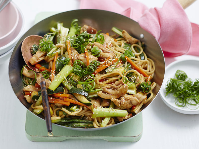 Pork and eggplant noodle stir-fry , Pork larb with rice noodles , Pork stir-fry with noodles , Sweet and sour pork with rice noodle salad , 5 ingredient dan dan noodles , Julie Goodwin’s char siu pork noodle stir-fry , Pork noodle stir fry for one , How to make a classic beef chow mein at home , Char kway teow , Chicken and ginger noodle soup , Braised honey and soy pork fillet steaks , Tuna and soba noodle salad , Pumpkin and eggplant with chilli and Thai basil , Air fryer vegetable spring rolls , Slow cooker chicken pho (Pho Ga) , Sweet and soy pork , Miso beef short rib & pumpkin hotpot , Pork with rice noodles , Gai lan and mushroom five-spice stir-fry , Hokkien mee with beef , Teriyaki chicken udon noodles with choy sum , Soba noodle salad with fried prawns , Prawn and fish balls with ginger broth and noodles , Miso broth with tamari pumpkin and noodles , Pork and tofu rice noodles , Noodle salad with ginger-rubbed beef , One−pot poached chicken with soba noodles , Miso udon soup , Asian-style omelettes with glass noodles
